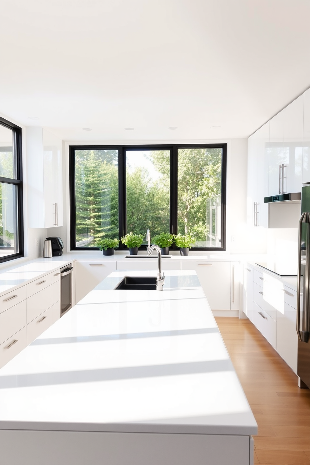 A minimalist kitchen with sleek lines and an open layout. The cabinetry is flat-panel with a glossy white finish, complemented by a large central island featuring a white quartz countertop. Natural light floods the space through large windows, creating a bright and airy atmosphere. Stainless steel appliances add a modern touch, while a few potted herbs on the windowsill bring a hint of greenery.