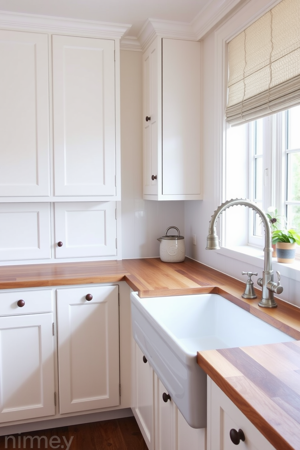 A bright and airy kitchen features a large farmhouse sink with a vintage-style faucet that adds character to the space. The cabinetry is painted in a soft white hue, complemented by a rustic wooden countertop that enhances the farmhouse aesthetic.