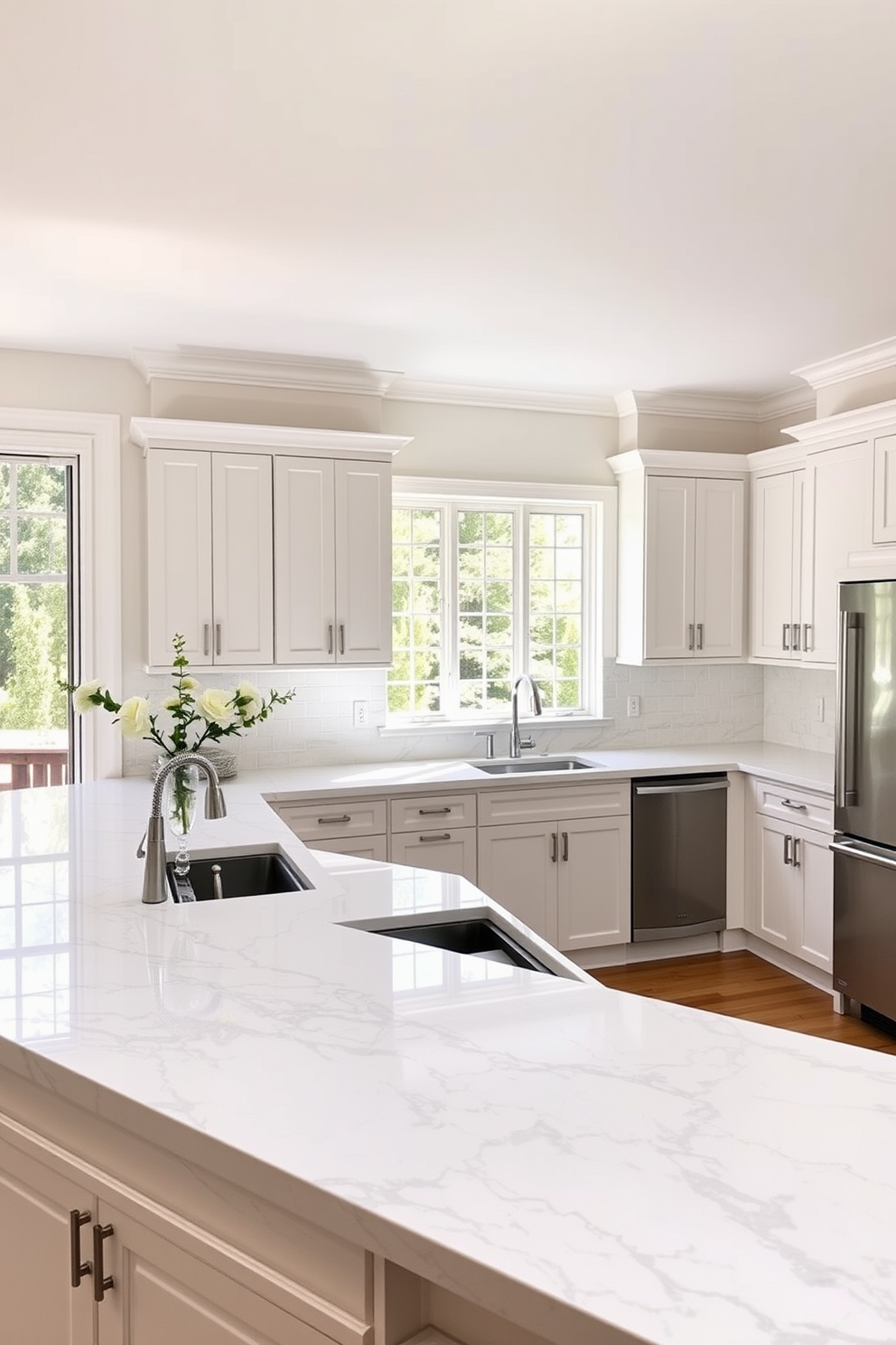 A bright and airy kitchen featuring white marble countertops that exude luxury and elegance. The cabinetry is a soft white with sleek hardware, complementing the stunning marble and creating a cohesive look. Natural light floods the space through large windows, highlighting the beautiful textures of the marble. A stylish island with bar stools provides a perfect gathering spot for family and friends.