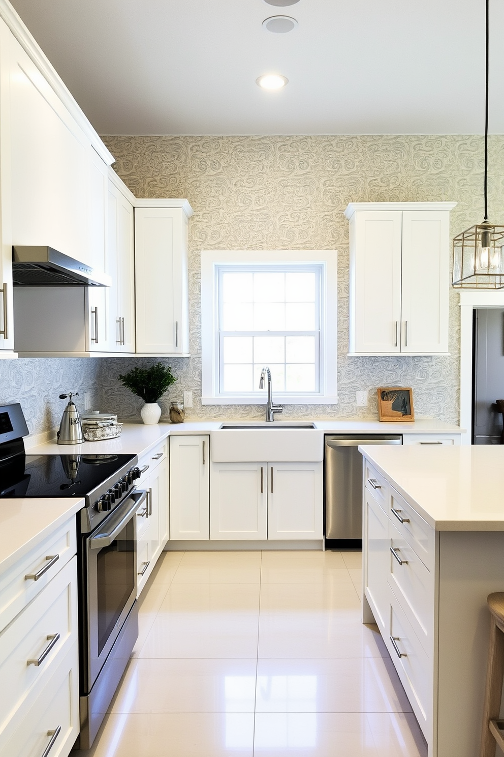 A stunning white kitchen with a blend of textures showcasing both wood and metal elements. The cabinetry features sleek white finishes paired with warm wooden accents, creating a harmonious balance. An expansive island with a polished metal countertop serves as the centerpiece, surrounded by stylish bar stools. Large windows allow natural light to flood the space, highlighting the intricate details of the design.