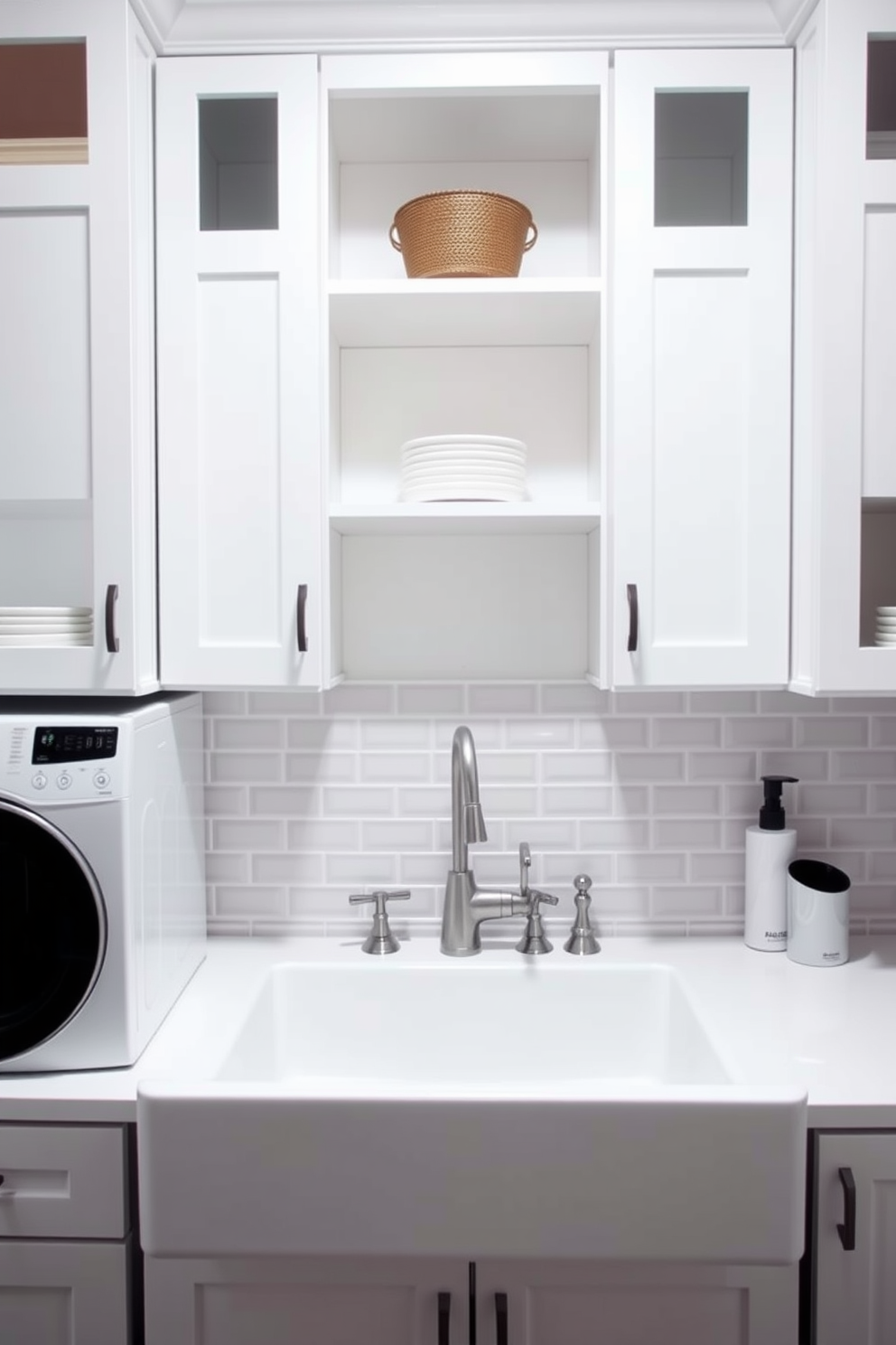 Bright white cabinets with open shelving create a clean and airy atmosphere in the laundry room. The space features a large farmhouse sink with a sleek faucet, complemented by a stylish backsplash in soft pastel tiles.