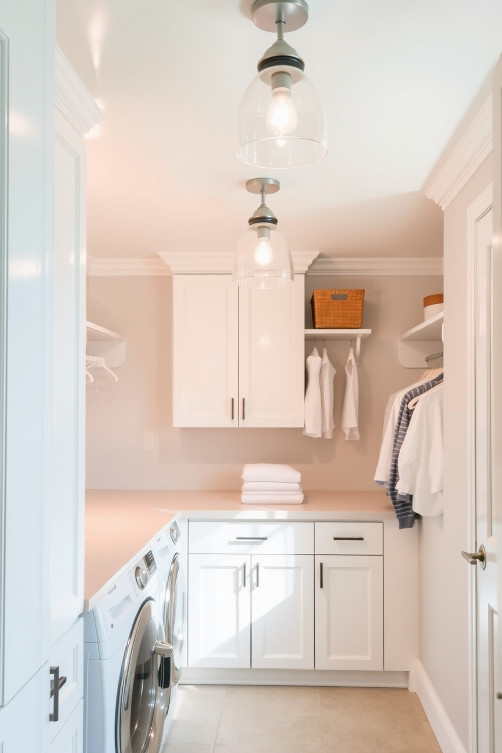 A bright and airy laundry room features sleek white cabinetry and a spacious countertop for folding clothes. Modern pendant lights hang gracefully from the ceiling, providing stylish illumination while enhancing the overall aesthetic of the space. The walls are painted in a soft pastel hue, creating a calming atmosphere perfect for laundry tasks. Functional storage solutions are integrated seamlessly, ensuring the room remains organized and efficient.