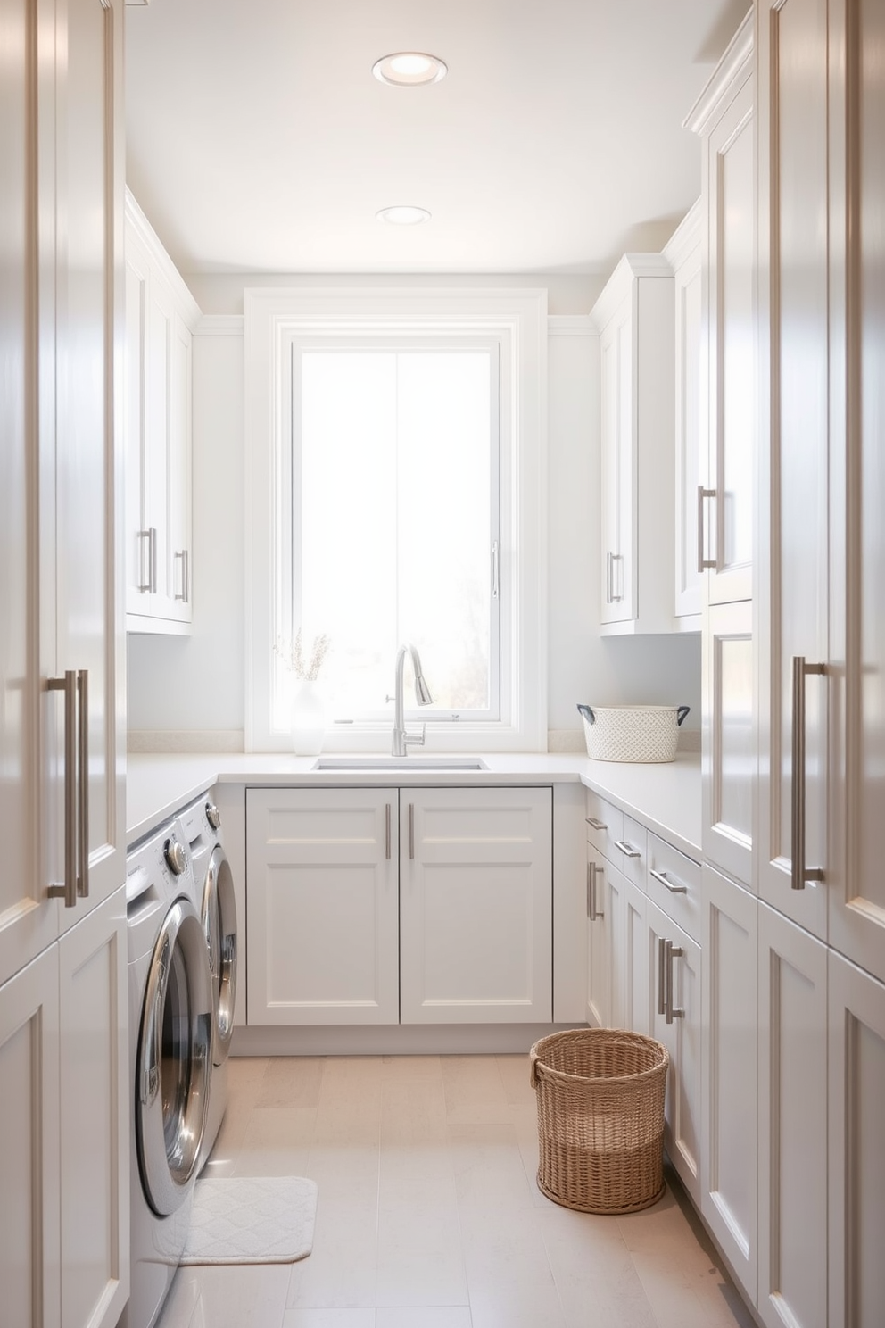 A bright and airy laundry room featuring neutral tones such as soft beige and crisp white. Color accents come from vibrant accessories like a teal laundry basket and sunny yellow wall art. The room includes sleek cabinetry with a glossy finish and a spacious countertop for folding clothes. A stylish rug in a geometric pattern adds warmth and texture to the space.