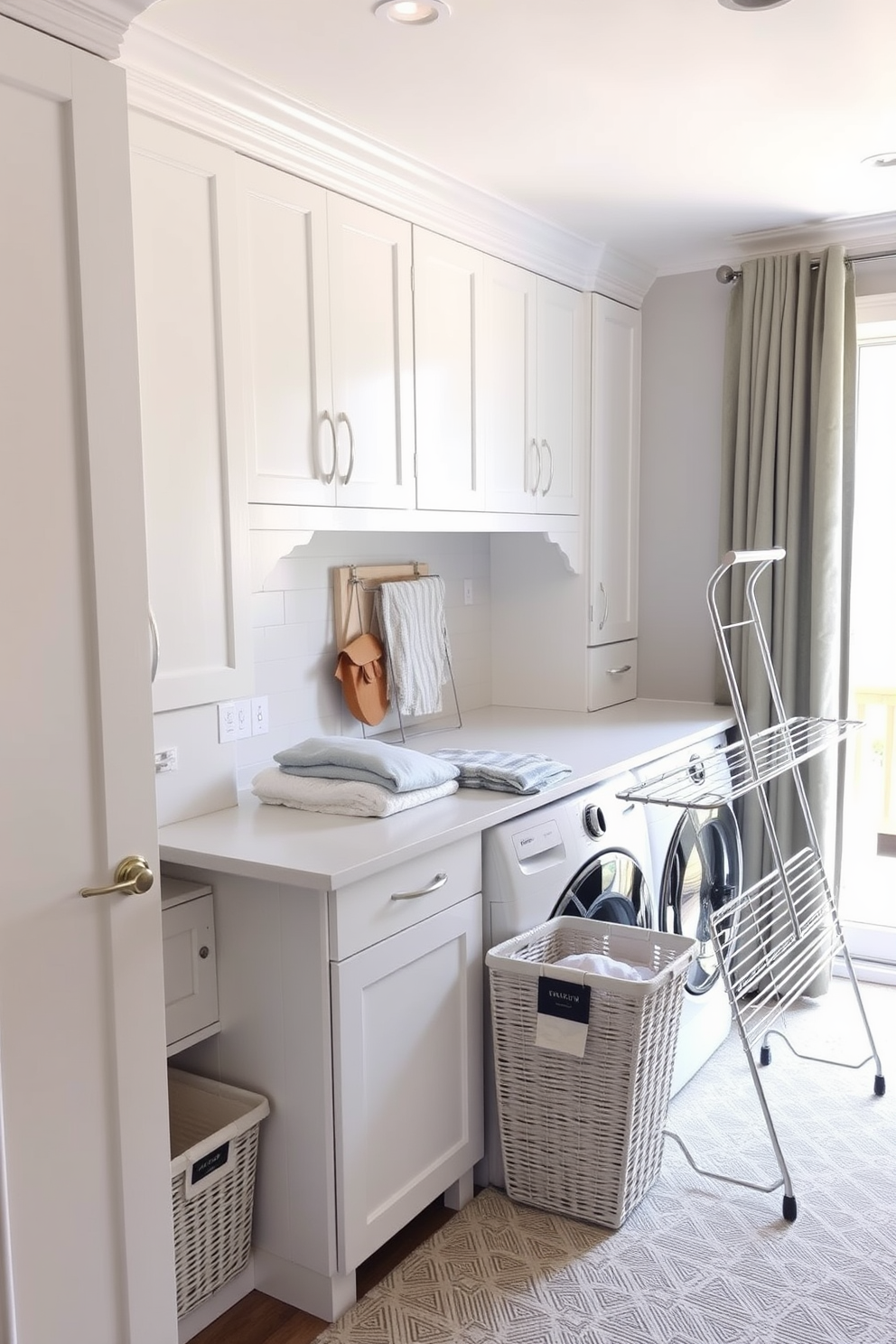 A bright and airy laundry room features an integrated ironing board seamlessly built into the cabinetry. The cabinetry is a crisp white with sleek handles, providing a clean and modern look. The room is illuminated by natural light streaming in through a large window, highlighting the soft gray backsplash. A stylish countertop made of quartz extends across the cabinetry, offering ample space for folding laundry.