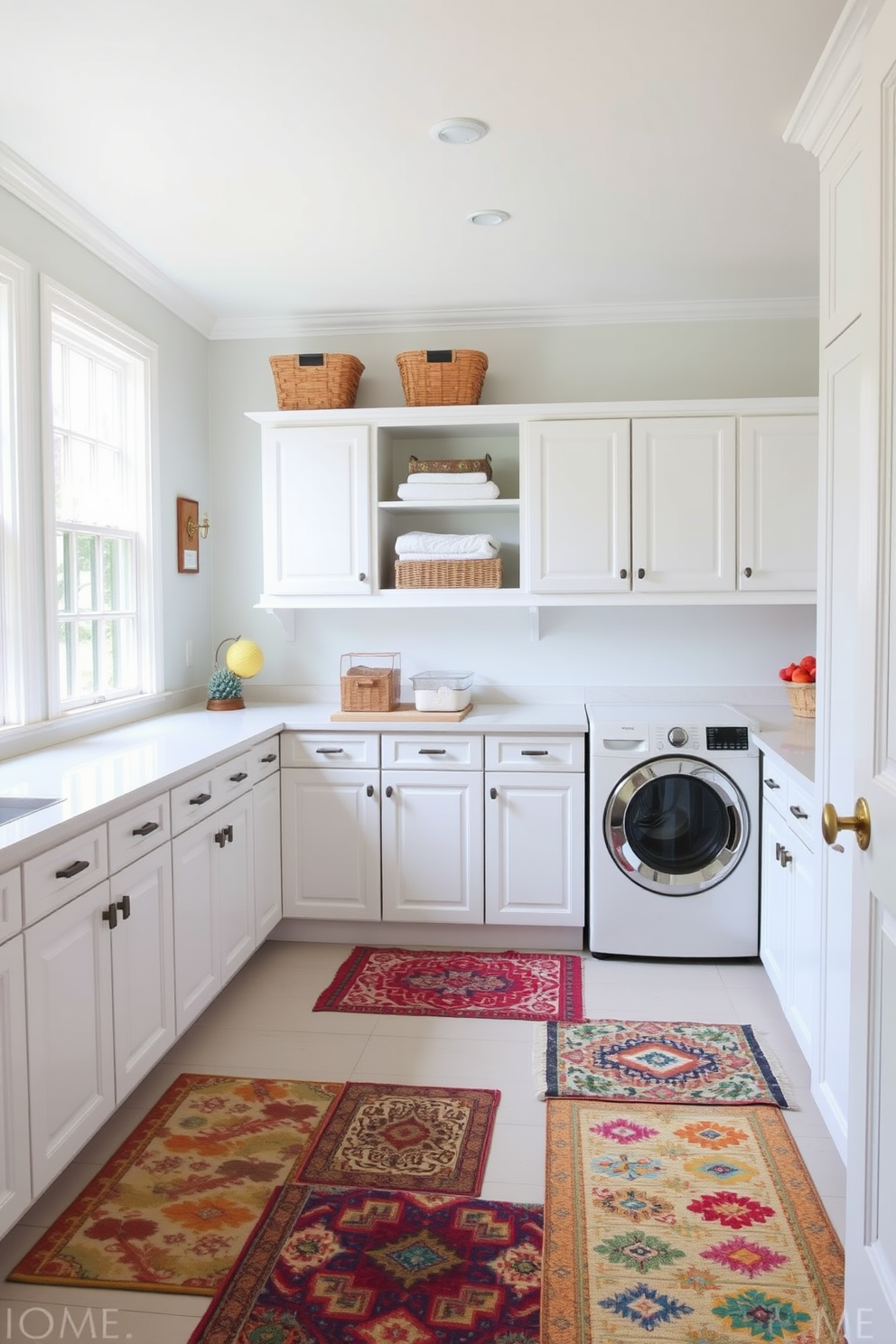 A bright and airy laundry room features whitewashed wood cabinetry that adds a rustic charm. The space is complemented by a farmhouse sink and open shelving adorned with neatly folded towels and decorative baskets. Natural light floods the room through a large window, illuminating the soft blue walls that create a serene atmosphere. A vintage-style washer and dryer sit side by side, with a wooden countertop above for folding clothes and organizing laundry essentials.