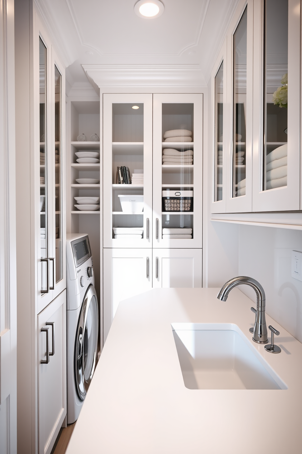 A bright and airy laundry room featuring glass-front cabinets that elegantly showcase neatly organized essentials. The cabinets are complemented by a spacious white countertop, perfect for folding laundry, with a stylish sink integrated into the design.