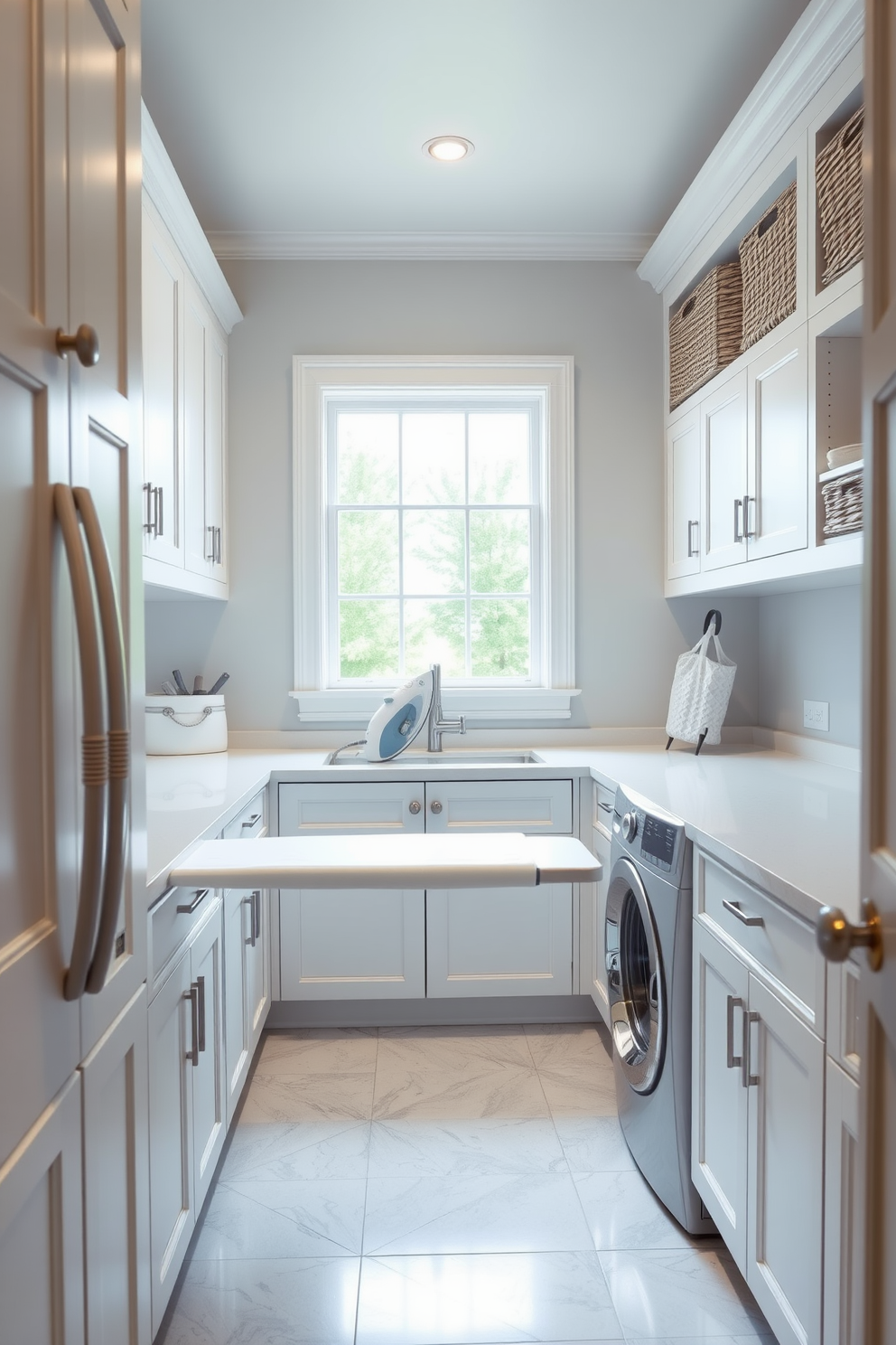 A hidden laundry area seamlessly integrated behind closed doors features sleek white cabinetry that blends with the walls. The room is illuminated by recessed lighting, creating a bright and airy atmosphere, while a spacious countertop provides ample space for folding clothes.