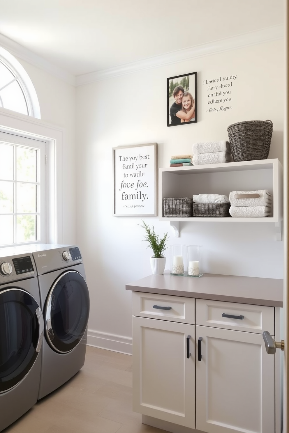 A bright and airy laundry room features personalized wall art that showcases family photos and inspirational quotes. The walls are painted in a soft white hue, and the space is adorned with open shelving displaying neatly folded towels and decorative baskets. The laundry area includes a spacious countertop for folding clothes, complemented by stylish cabinetry in a light wood finish. A large window allows natural light to flood the room, enhancing the cheerful atmosphere and making it a welcoming space for daily chores.