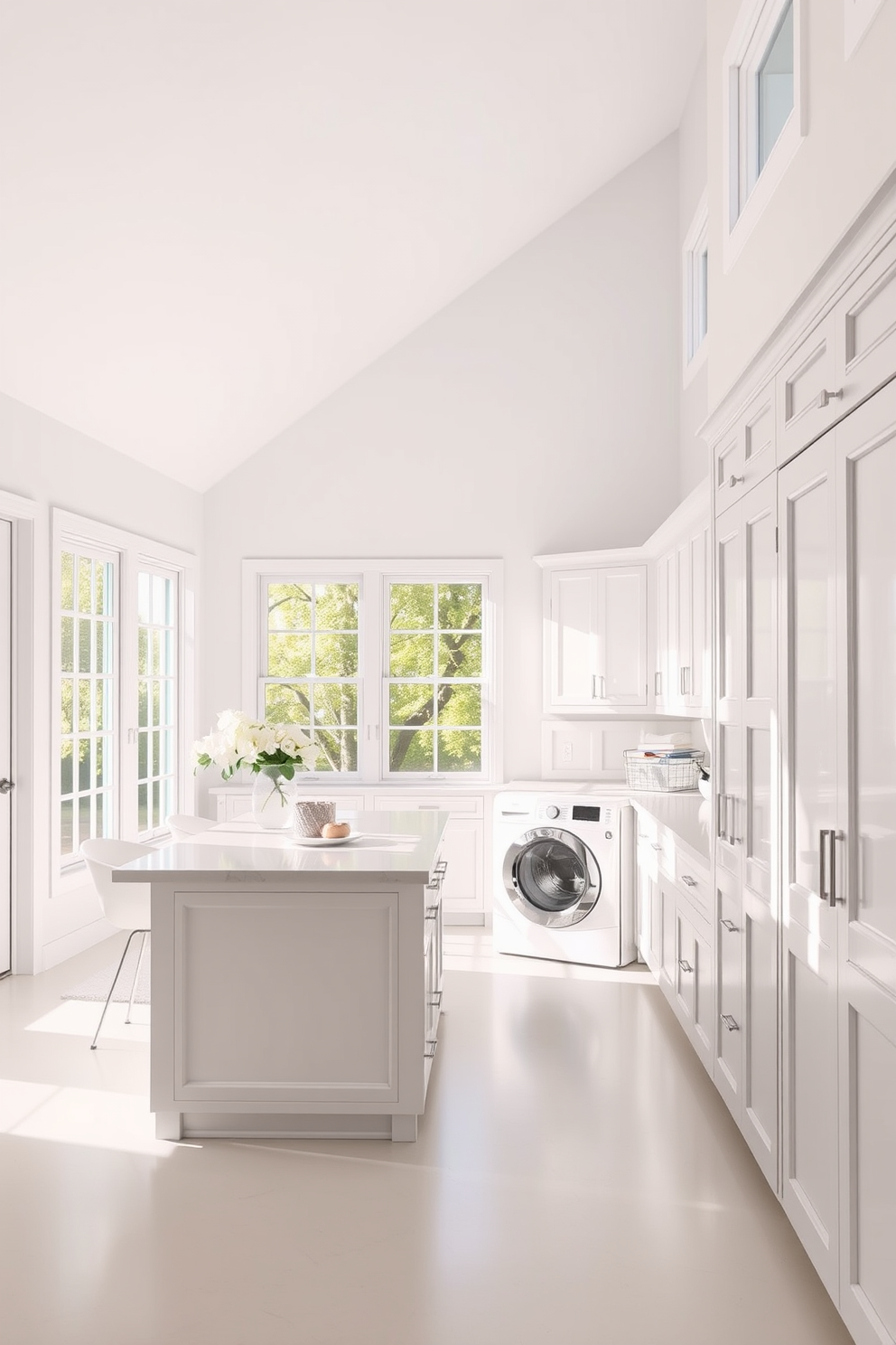 Open concept layout for airy feel featuring a spacious white laundry room with ample natural light. The room includes a large island with storage underneath and a sleek countertop for folding clothes. Bright white cabinetry lines the walls, providing plenty of storage while maintaining a clean aesthetic. Large windows allow sunlight to flood the space, enhancing the fresh and inviting atmosphere.