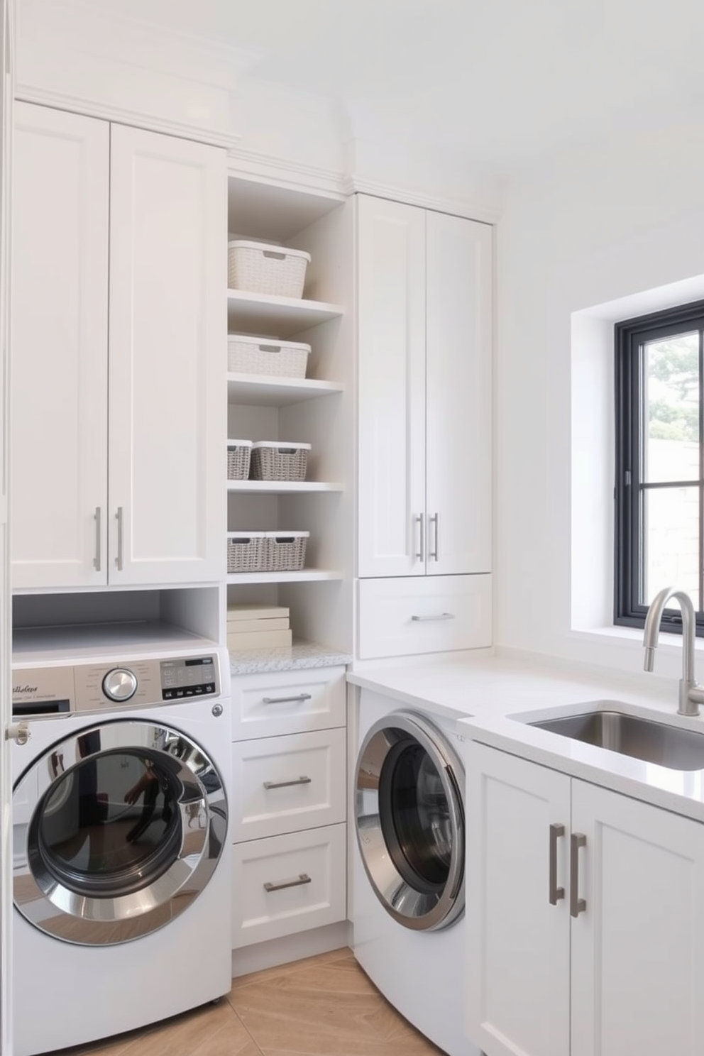 Smart storage solutions for small spaces. The laundry room features sleek cabinetry that maximizes vertical space, with pull-out shelves and baskets for easy organization. White laundry room design ideas. The room is bright and airy, with white cabinetry and countertops complemented by subtle gray accents, creating a clean and modern aesthetic.