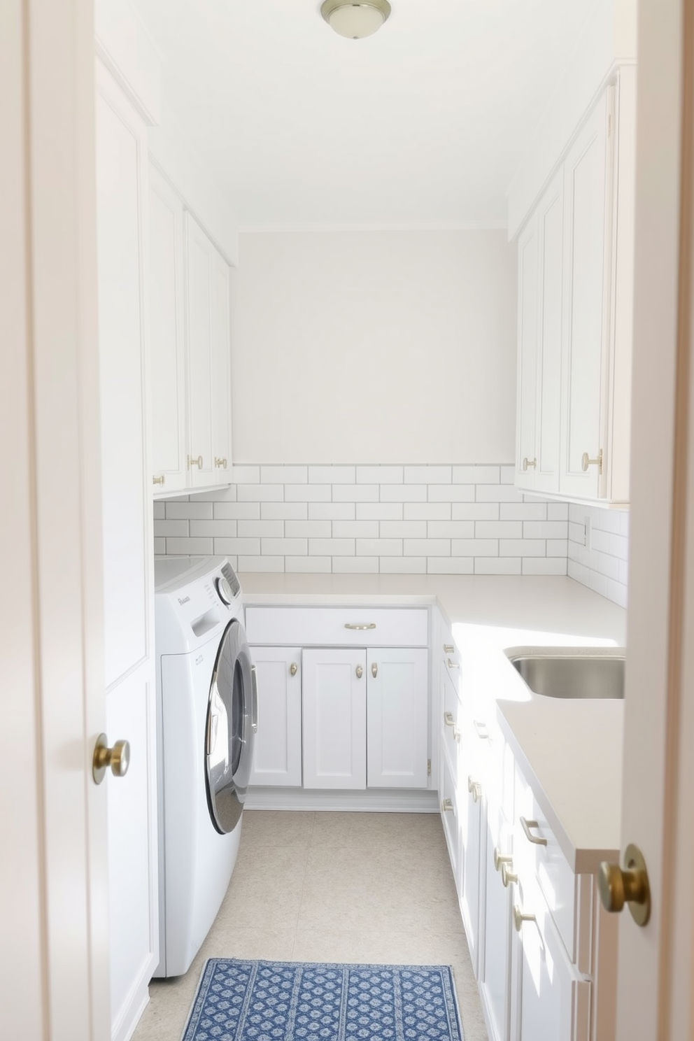 A bright and airy laundry room features a farmhouse sink with a vintage-style faucet that adds charm and character. The room is adorned with white cabinetry and open shelves displaying neatly folded towels and laundry essentials.