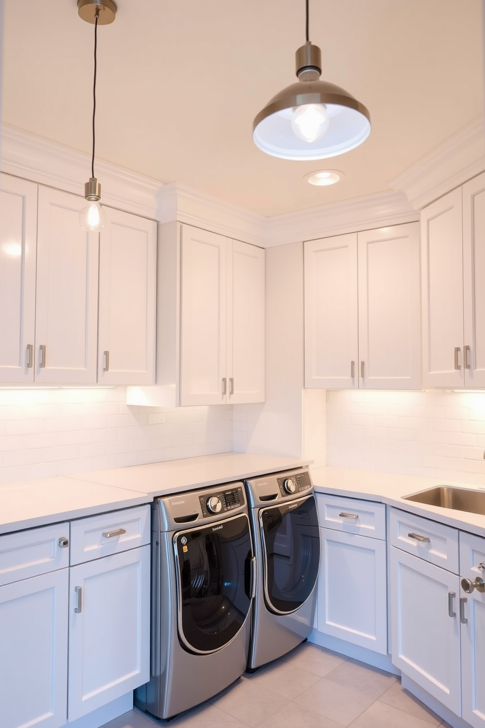 Bright lighting fixtures illuminate the spacious laundry room, enhancing both functionality and aesthetics. Sleek, modern pendant lights hang from the ceiling, casting a warm glow over the freshly painted white cabinetry and countertops. The room features ample storage with custom-built shelves and cabinets, all in a crisp white finish. A stylish washer and dryer are seamlessly integrated into the design, creating a clean and organized space.