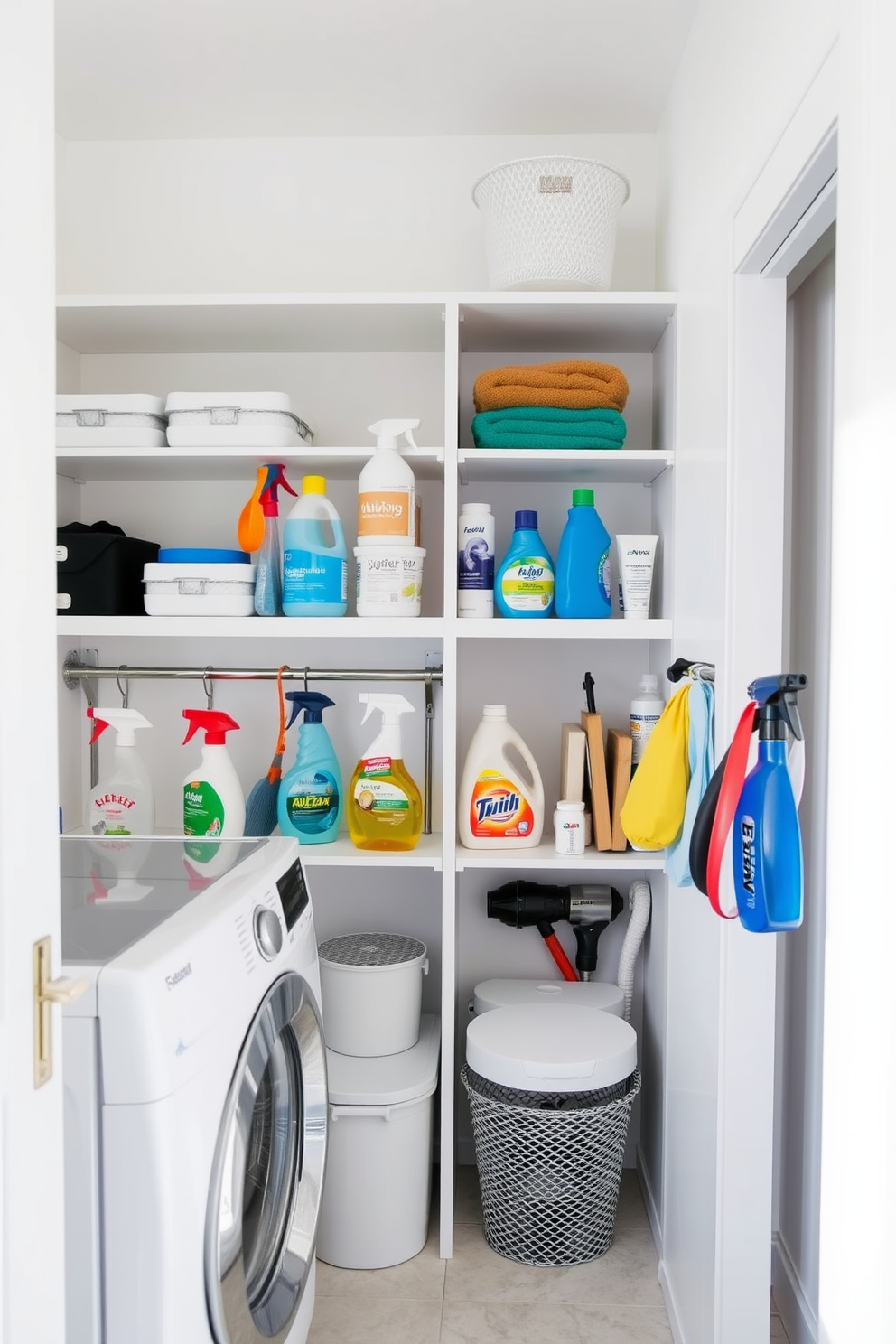 A bright and airy laundry room features vertical storage solutions for cleaning supplies, maximizing space efficiency. The walls are painted in a soft white hue, complemented by sleek shelving units that neatly organize various cleaning products and tools.