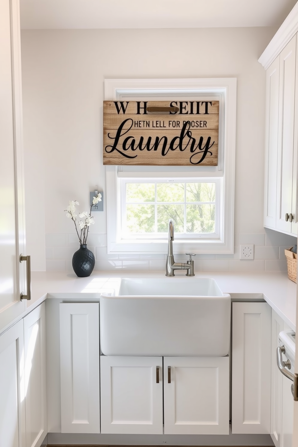 A stylish laundry sign hangs on the wall, adding a personal touch to the space. The sign features elegant typography on a rustic wooden background, complementing the overall aesthetic. The laundry room is designed with crisp white cabinetry and sleek countertops, creating a bright and airy atmosphere. A large farmhouse sink is positioned under a window, with natural light streaming in to illuminate the space.