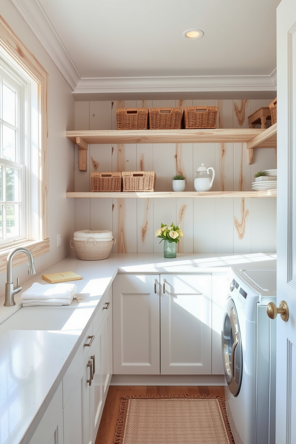 A vintage-inspired laundry room features a classic farmhouse sink with a brushed nickel faucet and a wooden countertop. The cabinetry boasts distressed white paint, complemented by antique brass hardware for a charming yet functional space. Modern functionality is highlighted with energy-efficient appliances seamlessly integrated into the design. Natural light floods the room through a large window adorned with sheer curtains, enhancing the warm and inviting atmosphere.