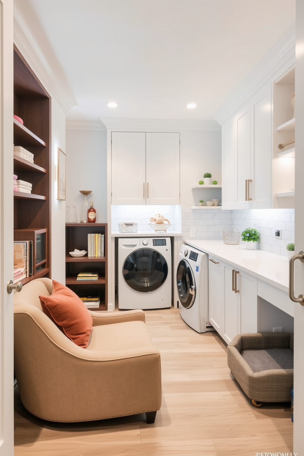 A bright and airy laundry room features sleek white cabinetry with ample storage for laundry essentials. A large countertop provides space for folding clothes, while woven baskets neatly organize items, enhancing both functionality and style.