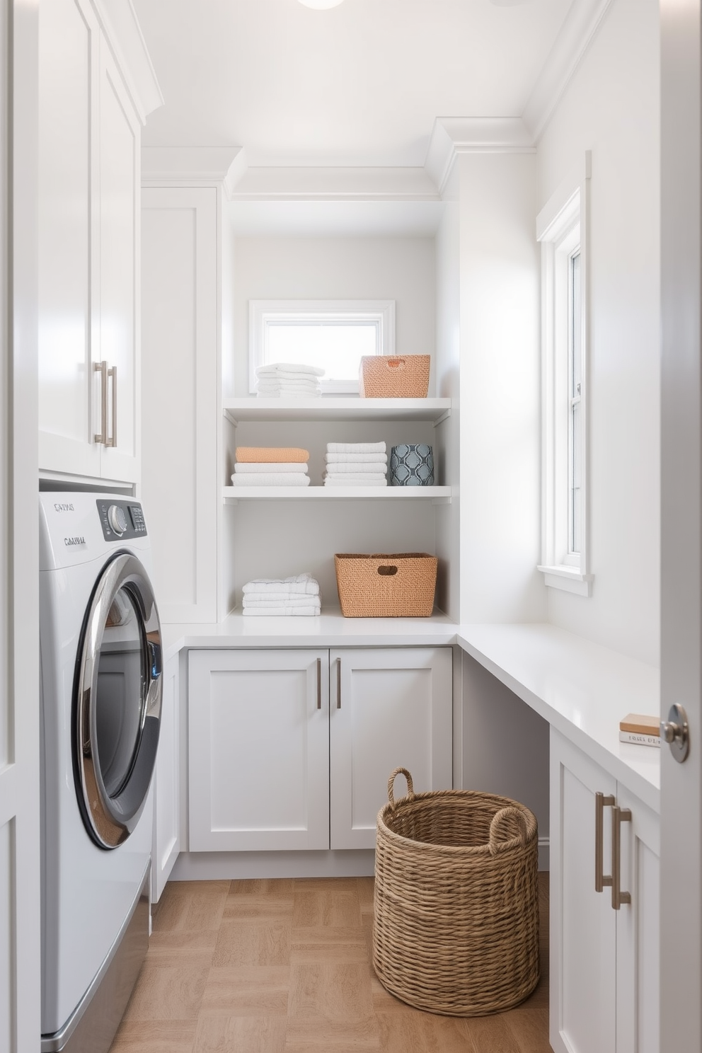 A bright and airy laundry room features compact appliances seamlessly integrated into cabinetry. The walls are painted in a soft white hue, complemented by a sleek countertop that provides ample workspace. Natural light floods the space through a small window, illuminating the organized shelves filled with laundry essentials. A stylish basket sits on the floor, adding a touch of warmth and practicality to the design.