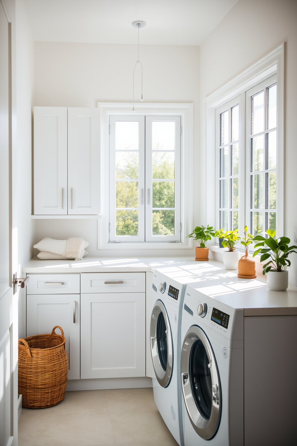 A bright and airy laundry room filled with natural light pouring in from large windows. The space features white cabinetry with sleek handles, a spacious countertop for folding clothes, and a stylish washing machine and dryer set. The walls are painted in a soft white hue, creating a clean and fresh atmosphere. A woven basket sits in the corner, and potted plants add a touch of greenery to enhance the inviting feel.