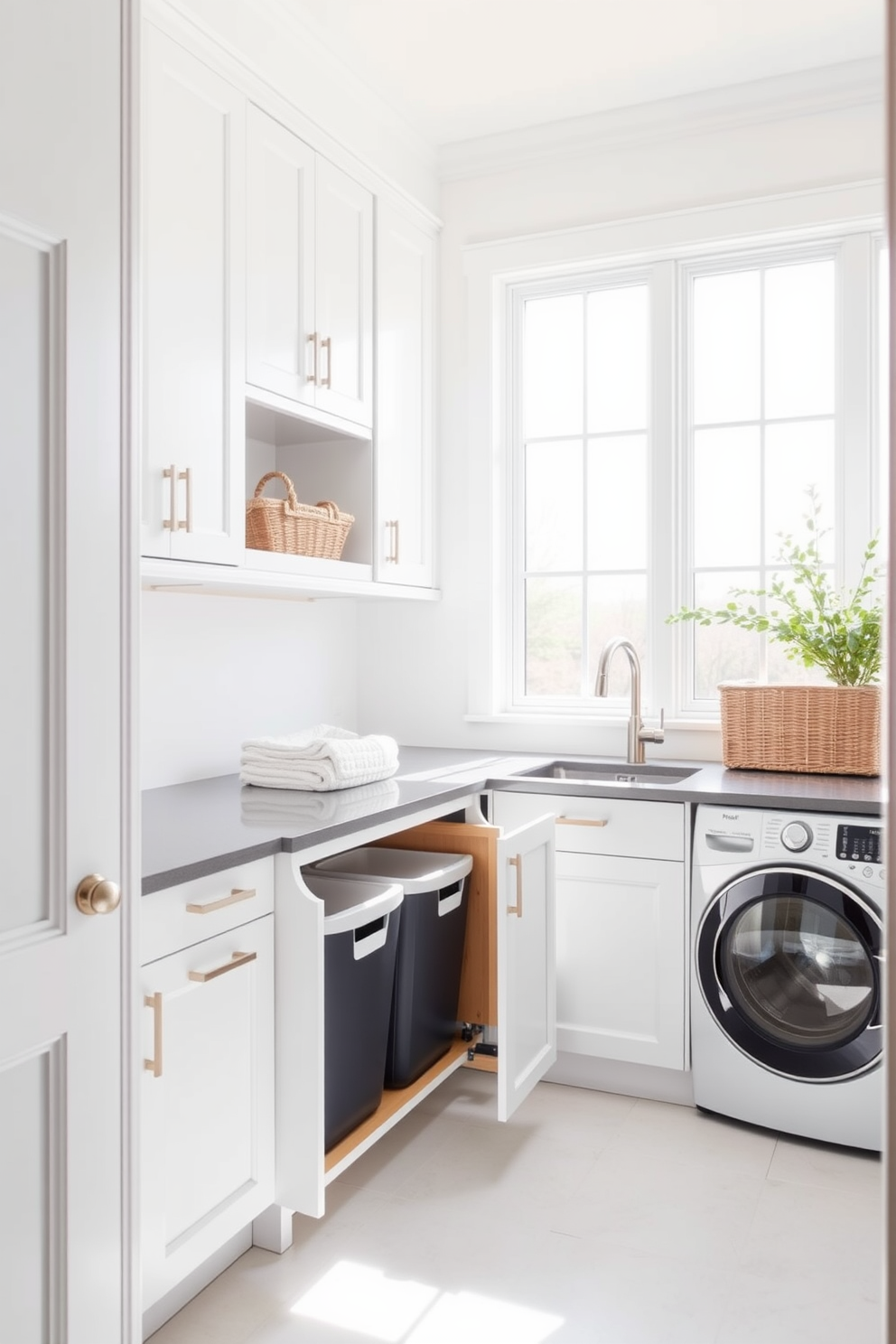 A bright and airy laundry room features sleek pull-out hampers seamlessly integrated into the cabinetry for optimal organization. The walls are painted in a crisp white, and large windows allow natural light to fill the space, enhancing the clean aesthetic.