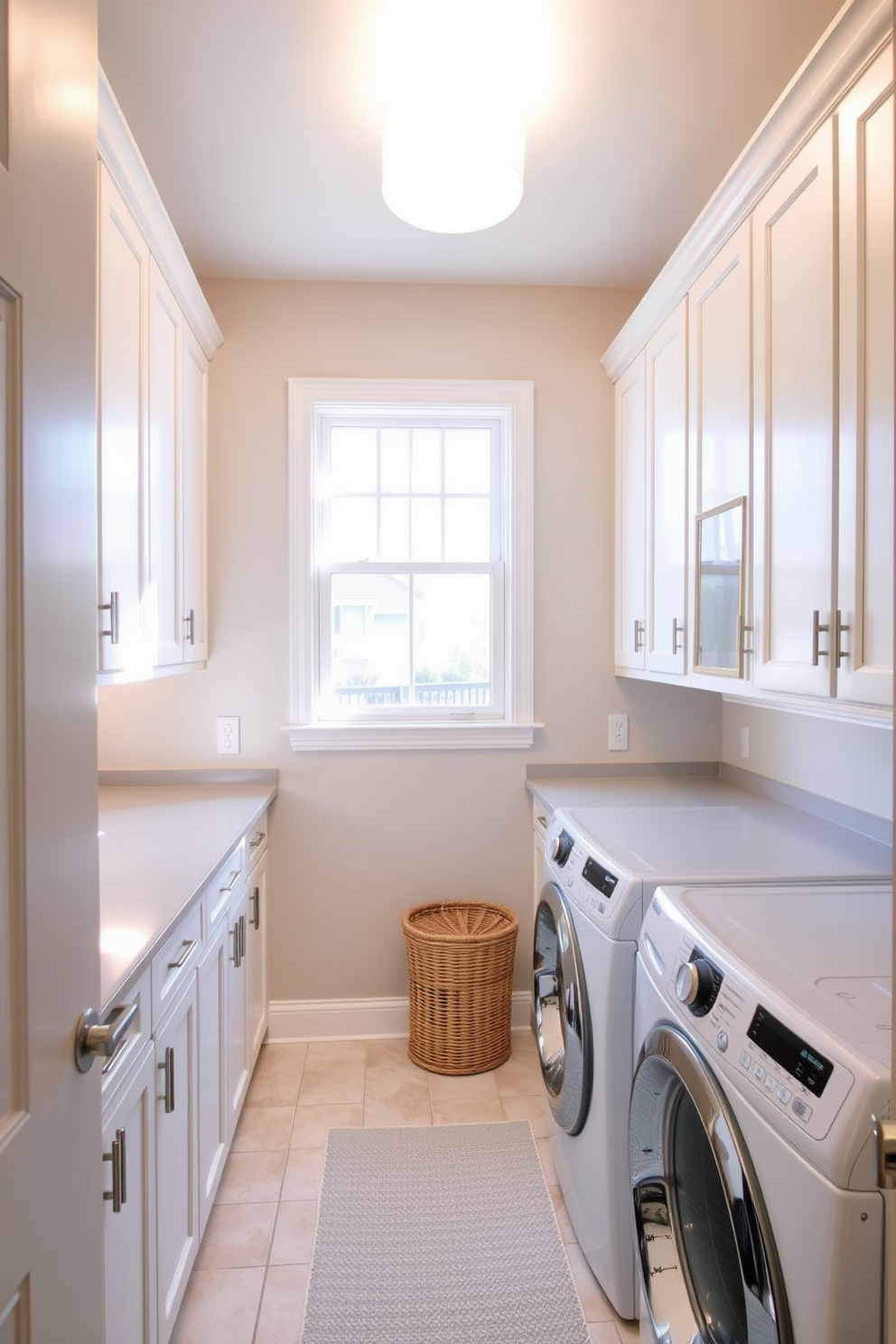 A bright and airy laundry room filled with natural light. The space features a large white countertop for folding clothes, complemented by bright area rugs that add comfort and warmth underfoot. Modern cabinetry in a crisp white finish provides ample storage, while open shelving displays neatly arranged laundry essentials. A stylish washer and dryer set is seamlessly integrated into the design, creating a functional yet inviting atmosphere.