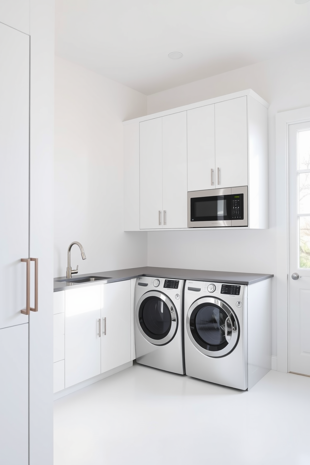 A bright and airy laundry room features a subway tile backsplash with a glossy finish that reflects the light beautifully. The cabinetry is sleek and modern, painted in a crisp white to enhance the room's clean aesthetic. A large utility sink is positioned beneath a window, allowing natural light to flood the space. Open shelving above the sink displays neatly folded towels and decorative storage baskets for a functional yet stylish touch.