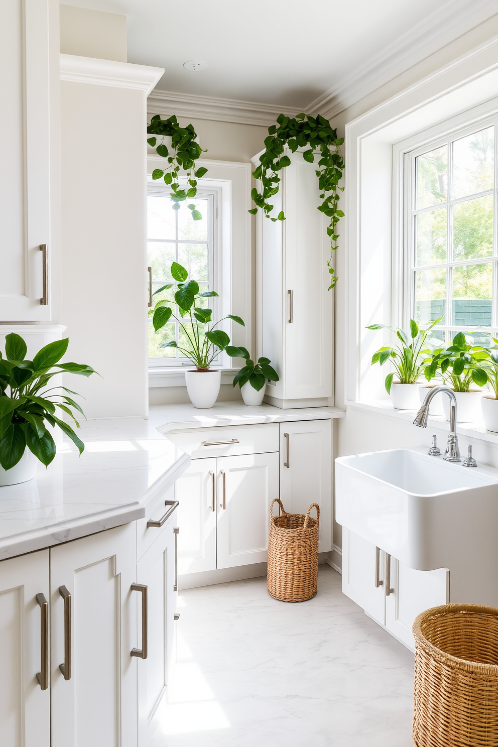 A bright and airy laundry room filled with natural light. Lush green plants are placed on the windowsill and in the corners, adding a fresh vibe to the space. The room features white cabinetry with sleek hardware and a large farmhouse sink. A stylish countertop made of quartz provides ample space for folding laundry, while a woven basket sits nearby for added organization.