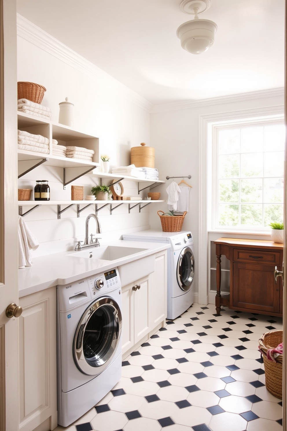 A bright and airy laundry room features a farmhouse sink with vintage accents. The walls are painted in a soft white, and open shelving displays neatly folded towels and decorative jars. The floor is tiled with a classic black and white checkerboard pattern, enhancing the room's charm. A large window allows natural light to flood the space, creating a warm and inviting atmosphere.