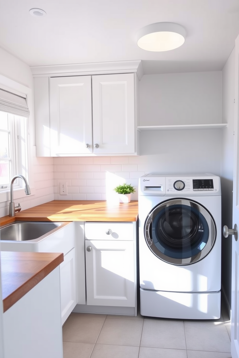 A bright and airy laundry room featuring wooden countertops that add warmth and texture to the space. The room is equipped with white cabinetry and modern appliances, creating a clean and functional environment.