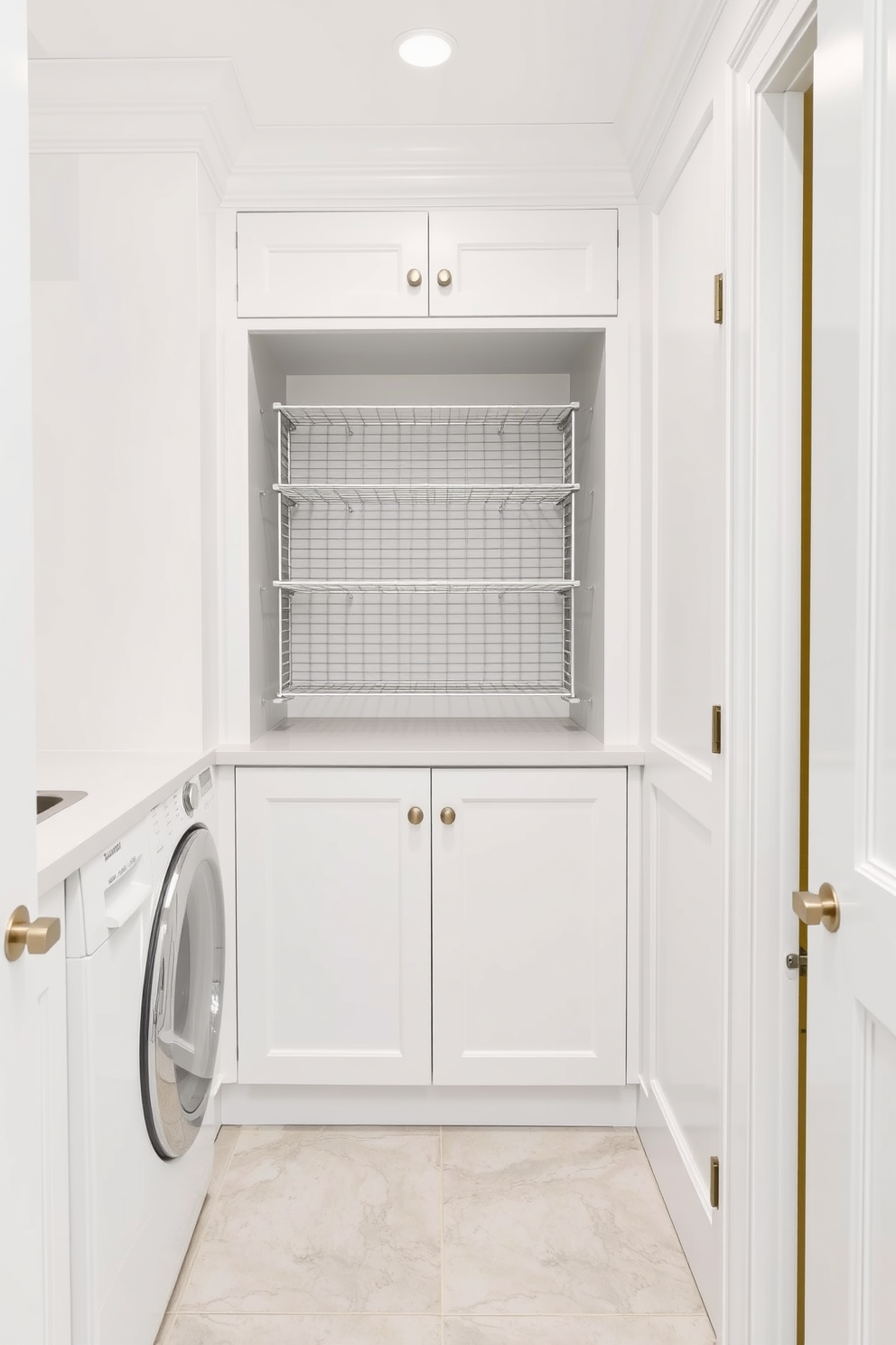 A bright and airy laundry room featuring white cabinetry with wooden accents that provide warmth and texture. The space includes a large farmhouse sink, a countertop for folding clothes, and open shelving made of reclaimed wood for storage and display.