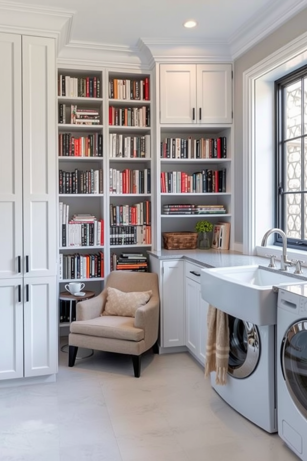 Cozy nook with a reading chair A comfortable reading nook features a plush armchair upholstered in soft fabric positioned next to a tall bookshelf filled with an array of books. A small side table holds a steaming cup of tea and a warm throw is draped over the chair inviting relaxation. White laundry room design ideas The laundry room showcases sleek white cabinetry providing ample storage space while a spacious countertop allows for sorting and folding clothes. A farmhouse sink is integrated into the design with stylish fixtures and a large window brings in natural light creating an airy feel.