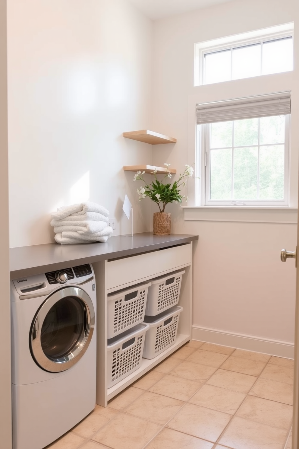 A bright and airy laundry room featuring sleek light fixtures with a modern touch. The walls are painted in a soft white hue, and the cabinetry is minimalist with clean lines, providing ample storage space. The room includes a spacious countertop for folding clothes, complemented by stylish pendant lights hanging above. A large window allows natural light to flood the space, enhancing the fresh and inviting atmosphere.