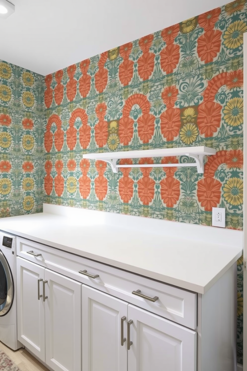 A bright and airy laundry room featuring large windows that allow ample natural light to flood the space. The walls are painted in a soft white hue, complemented by sleek cabinetry and a spacious countertop for folding clothes. A stylish washer and dryer set is seamlessly integrated into the cabinetry, creating a cohesive look. Decorative baskets and potted plants are strategically placed to enhance the room's functionality and aesthetic appeal.