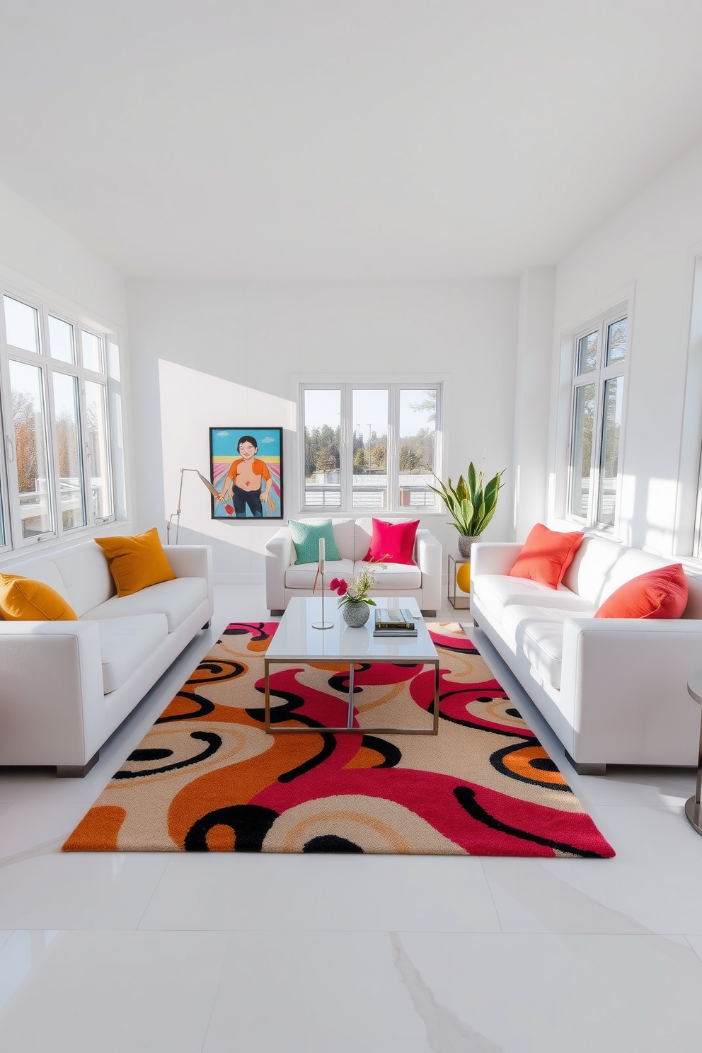 A bright and airy living room featuring minimalist white furniture that creates a serene atmosphere. Colorful accents in the form of vibrant throw pillows and a bold area rug add a playful touch to the space. Large windows allow natural light to flood the room, enhancing the clean lines of the white furniture. A contemporary coffee table sits at the center, surrounded by a mix of textures and colors that invite relaxation and conversation.