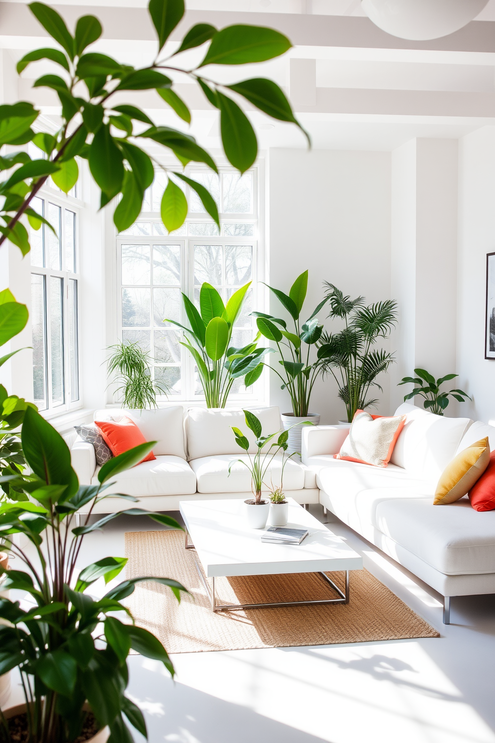 A bright and airy white living room filled with natural light. Lush indoor plants are strategically placed throughout the space, adding a fresh and vibrant touch to the minimalist decor. The room features a large white sectional sofa adorned with colorful throw pillows. A sleek coffee table sits in the center, surrounded by a few potted plants that enhance the serene ambiance.