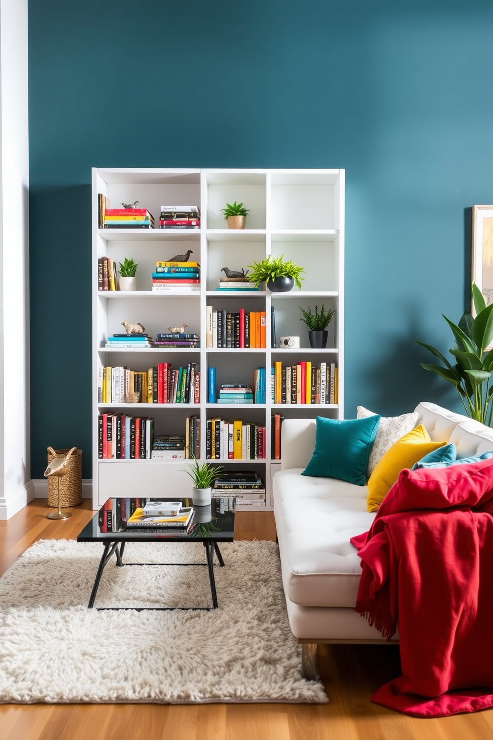 A stylish white bookcase stands against the wall, filled with an array of colorful books that add vibrancy to the space. The bookcase features a mix of decorative items and plants interspersed among the books for a personalized touch. The living room is designed with a modern aesthetic, featuring a plush white sectional sofa adorned with colorful throw pillows. A sleek coffee table sits in the center, complemented by a soft area rug that adds warmth and texture to the room.