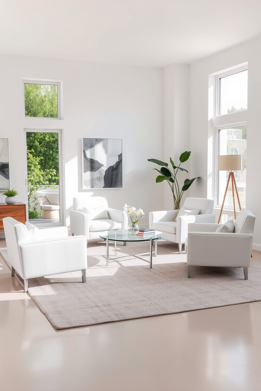 Chic white armchairs with sleek lines are placed around a minimalist coffee table in a bright and airy living room. The walls are adorned with abstract art and large windows allow natural light to flood the space, enhancing the clean aesthetic. The soft texture of a light gray area rug complements the white armchairs, creating a cozy yet modern atmosphere. A statement floor lamp stands in one corner, adding a touch of elegance to the overall design.