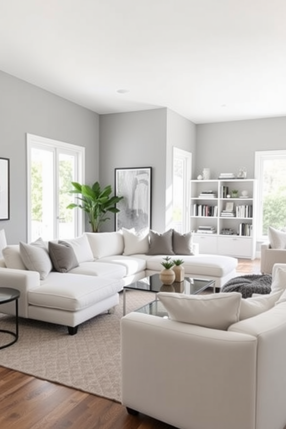 A bright and airy living room features subtle gray undertones in the wall paint that create a calming atmosphere. The space is adorned with a plush white sectional sofa, complemented by a sleek glass coffee table and soft accent pillows in varying shades of gray. Natural light floods the room through large windows, enhancing the modern aesthetic. A minimalist bookshelf lines one wall, filled with carefully curated decor and books that add personality to the space.