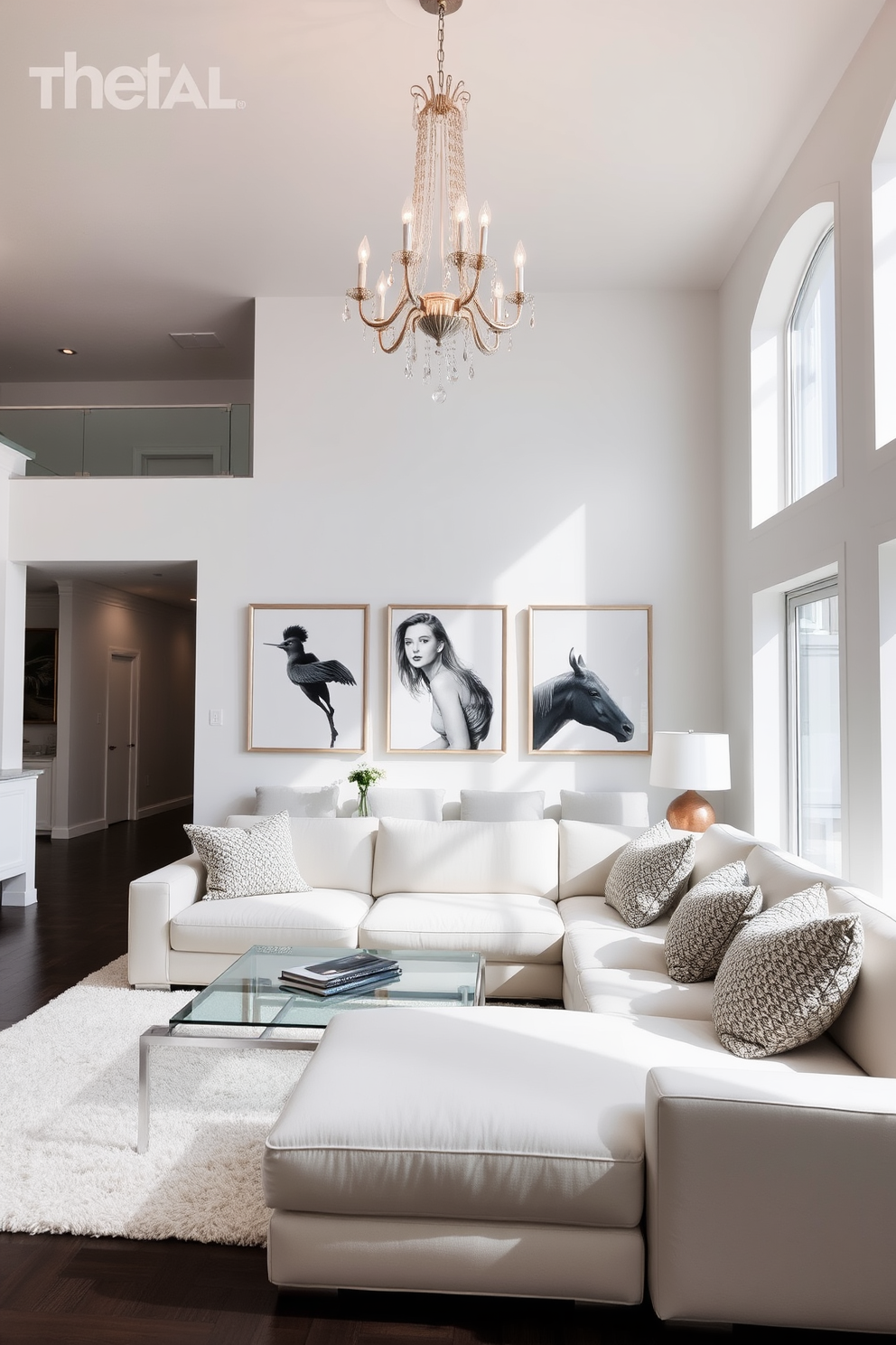 A statement chandelier hangs from the ceiling, casting a warm glow over the space. The living room features a plush white sectional sofa adorned with textured throw pillows, complemented by a sleek glass coffee table. The walls are painted in a crisp white, creating an airy and open atmosphere. Large windows allow natural light to flood the room, enhancing the elegant decor and highlighting the carefully curated art pieces.