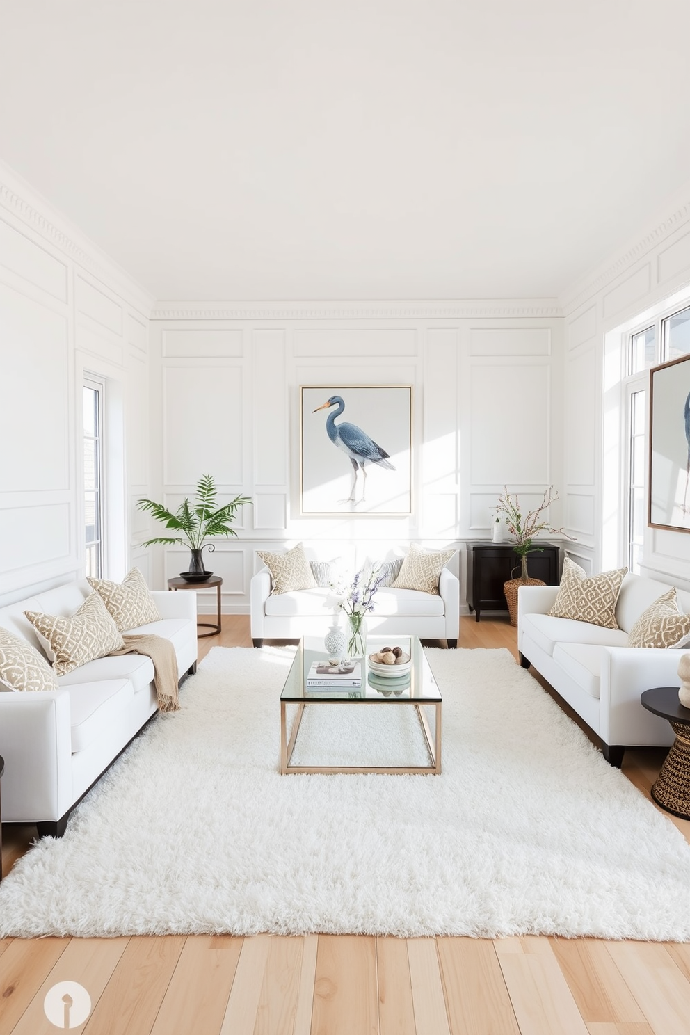 A bright and airy living room featuring white wainscoting that adds depth and elegance to the space. The room is adorned with plush white sofas and a large area rug that complements the light color palette. Natural light streams in through large windows, highlighting the minimalist decor and tasteful artwork on the walls. A stylish coffee table sits in the center, surrounded by carefully chosen decorative accents that enhance the overall aesthetic.