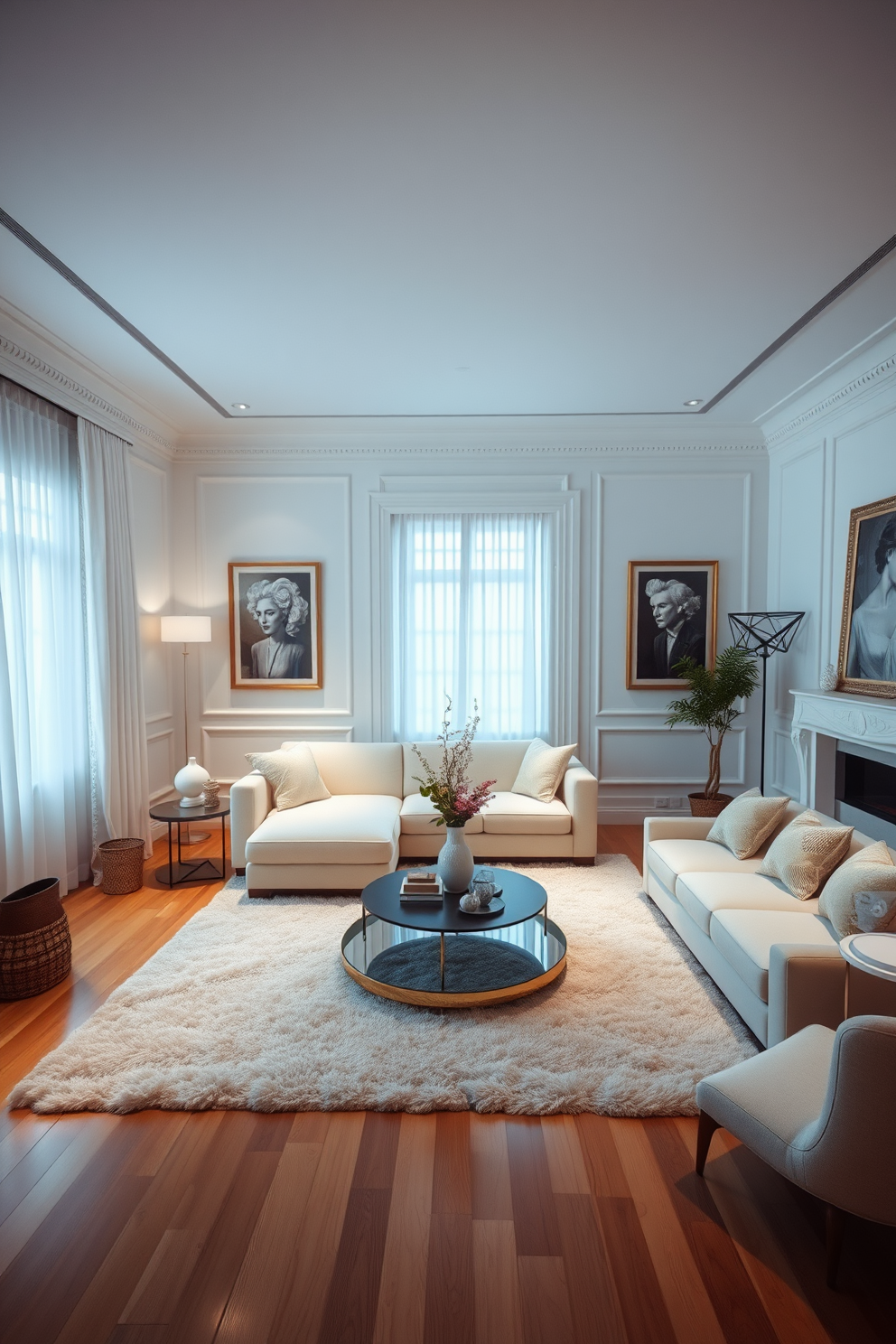 A spacious white living room featuring layered lighting with dimmers to create a cozy ambiance. The room is adorned with a plush sectional sofa, a large area rug, and elegant artwork on the walls.