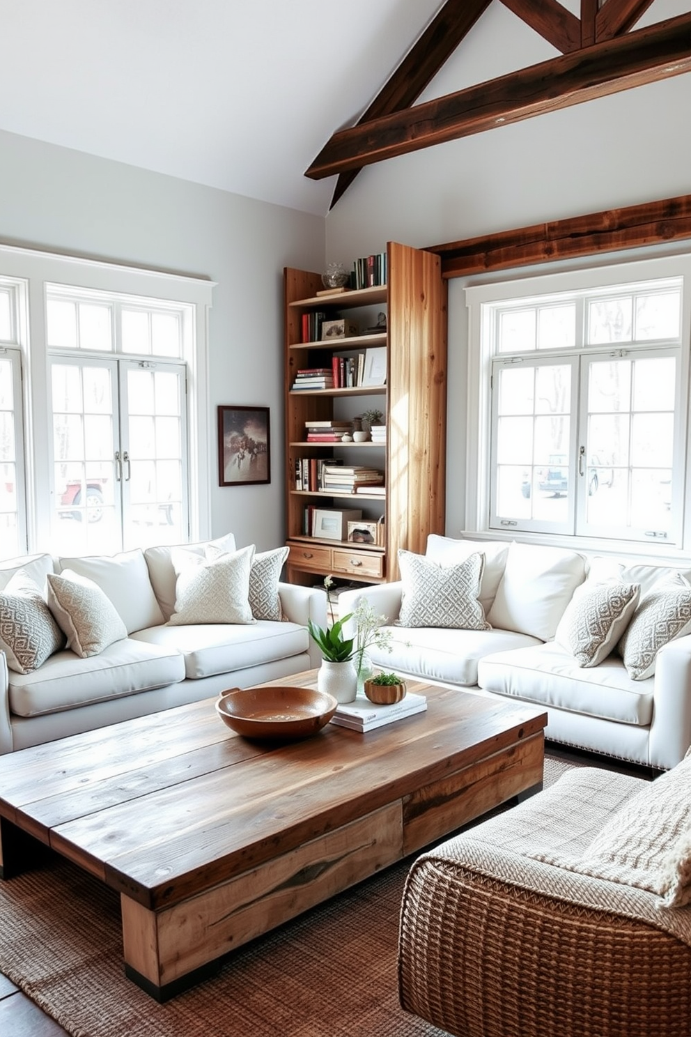 A cozy white living room features rustic wooden accents that create warmth and charm. The space includes a large reclaimed wood coffee table, complemented by a plush white sectional sofa adorned with textured throw pillows. Natural light floods in through large windows, enhancing the airy feel of the room. A vintage wooden bookshelf stands against one wall, filled with books and decorative items that add character to the space.