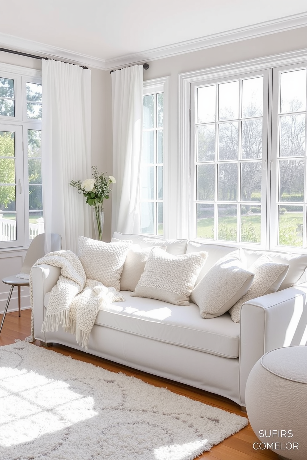 A bright white living room filled with layered textures to create a cozy atmosphere. Soft white curtains drape elegantly over large windows, allowing natural light to flood the space. A plush white sofa is adorned with a mix of textured throw pillows in varying shades of white and cream. A chunky knit throw is casually draped over one arm, while a soft area rug anchors the seating area, adding warmth to the polished wooden floor.