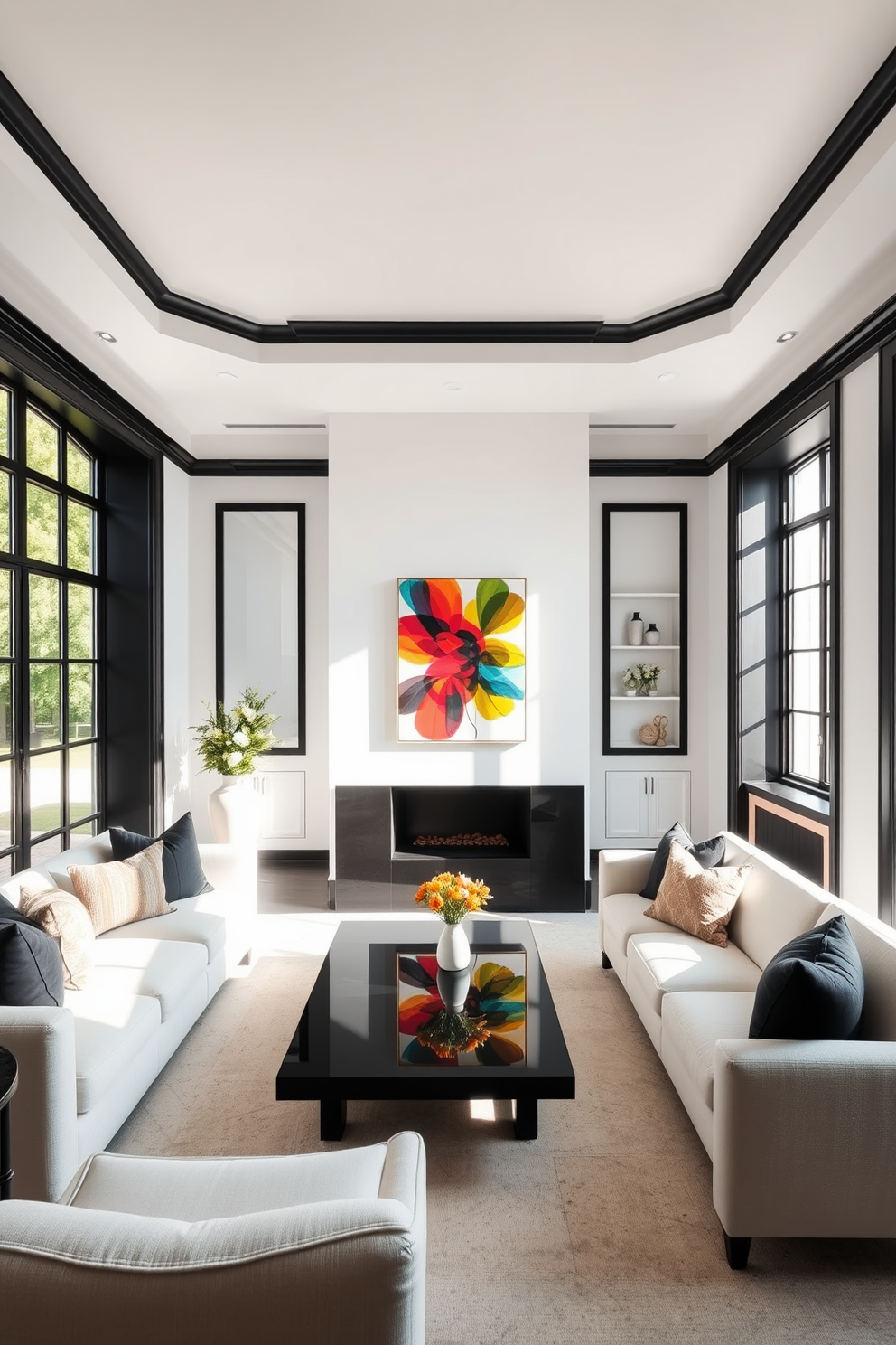 A bright and airy living room featuring white walls adorned with bold black trim. The space is furnished with a plush sectional sofa in a light fabric, complemented by a sleek black coffee table at the center. Large windows allow natural light to flood the room, enhancing the contrast between the white walls and black accents. A statement art piece with vibrant colors hangs on one wall, adding a pop of personality to the elegant design.