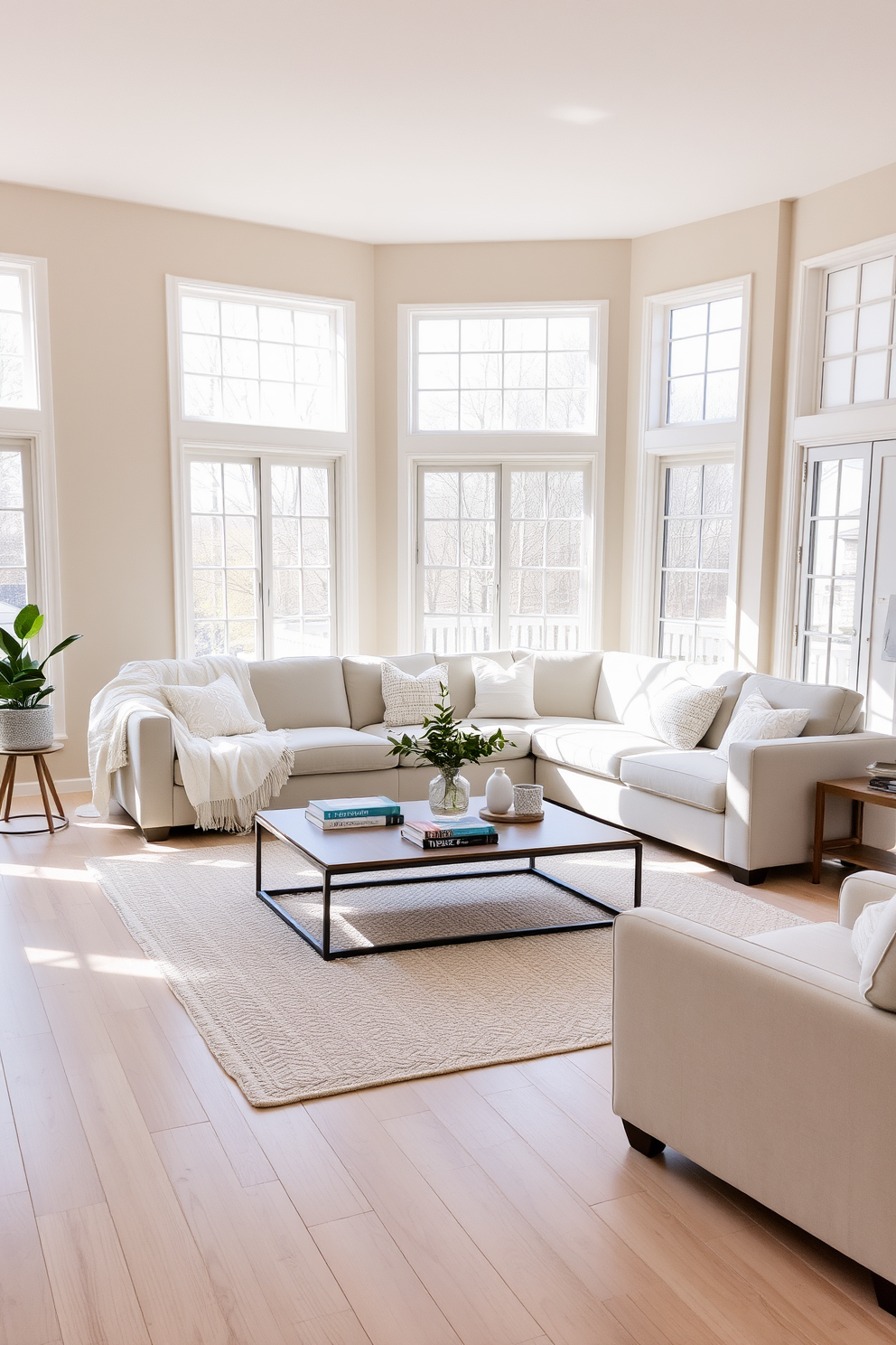 A bright and airy living room featuring soft white throws draped over a plush sectional sofa. The space is accentuated by large windows allowing natural light to flood in, complemented by light wood flooring and a neutral area rug. In the center, a stylish coffee table holds decorative books and a small plant. The walls are painted in a soft beige, creating a warm and inviting atmosphere.