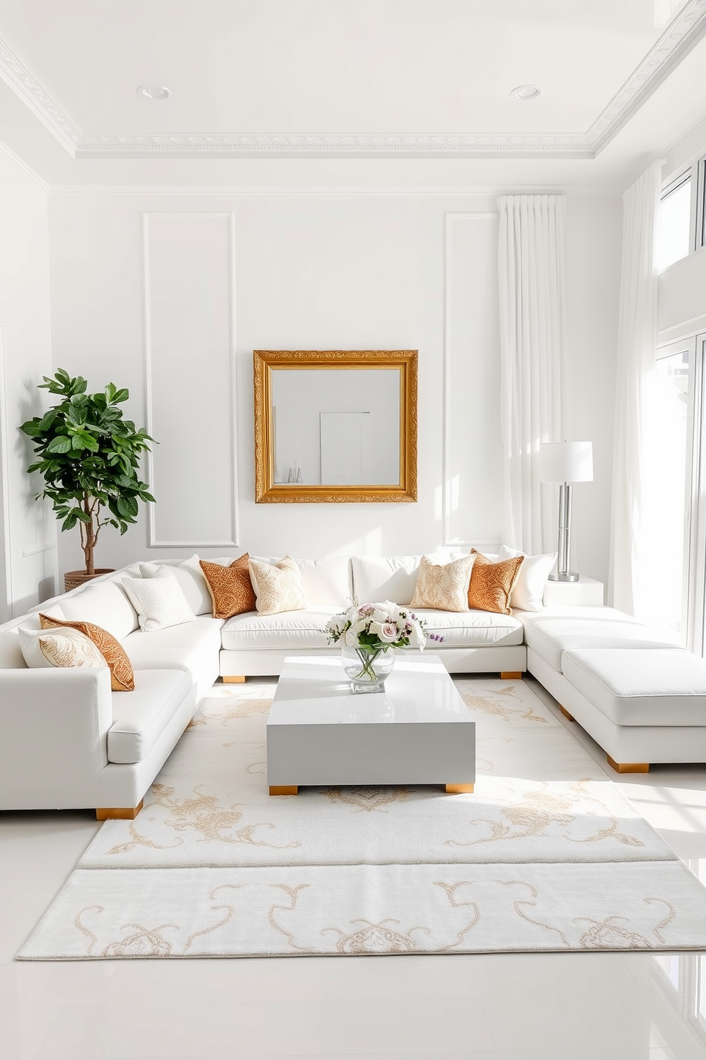 A stunning white living room featuring a plush white sectional sofa adorned with gold accent pillows. The walls are painted in a crisp white hue, and a large gold-framed mirror hangs above a sleek white coffee table. In the center of the room, a luxurious area rug with subtle gold patterns adds warmth and texture. Floor-to-ceiling windows draped with sheer white curtains allow natural light to flood the space, creating an airy and inviting atmosphere.