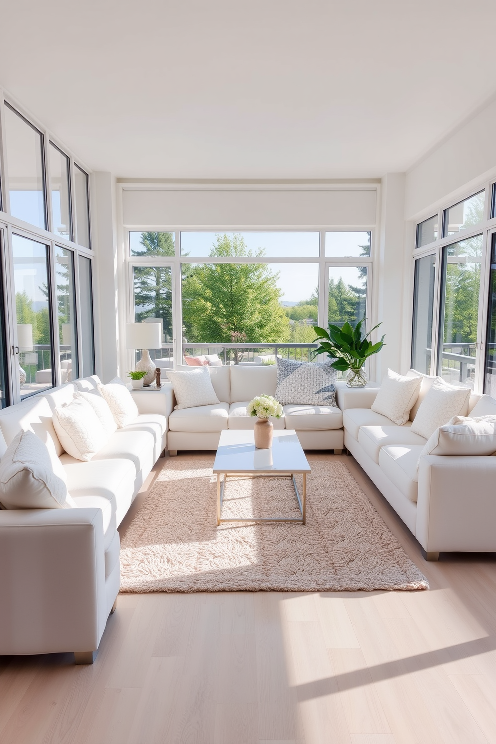 A bright and airy living room filled with natural light. The space features a large white sectional sofa adorned with textured white cushions for comfort. A sleek coffee table sits in the center, complemented by a soft area rug in neutral tones. Floor-to-ceiling windows showcase a view of the outdoors, enhancing the serene atmosphere of the room.