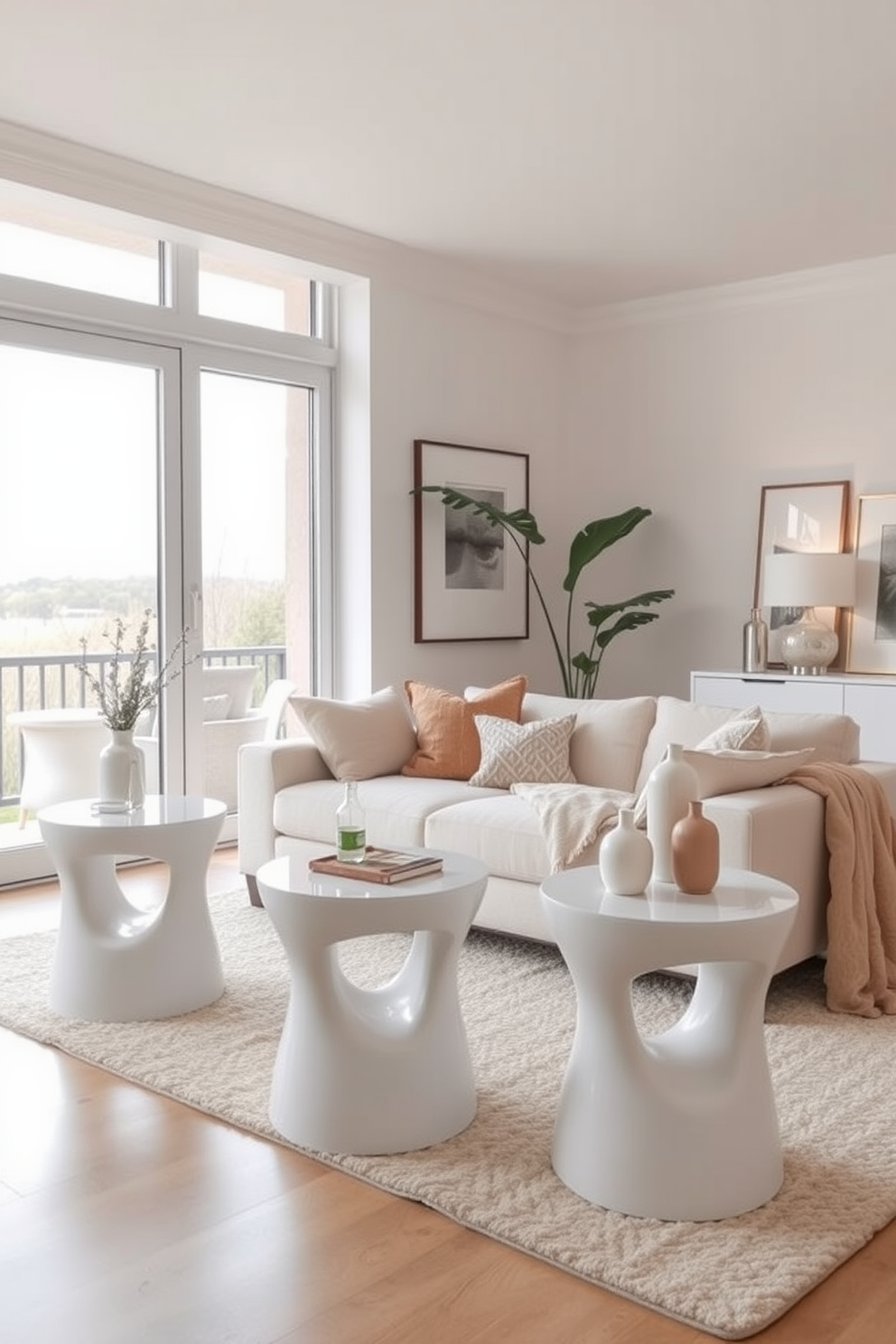 Bright white ceiling with exposed beams. The living room features a spacious layout with large windows allowing natural light to flood the space. The walls are painted in a soft white hue, creating an airy atmosphere. A plush white sectional sofa is complemented by colorful throw pillows and a textured area rug. A sleek coffee table sits in the center, adorned with decorative books and a small plant. Stylish lighting fixtures hang from the ceiling, enhancing the modern aesthetic of the room.