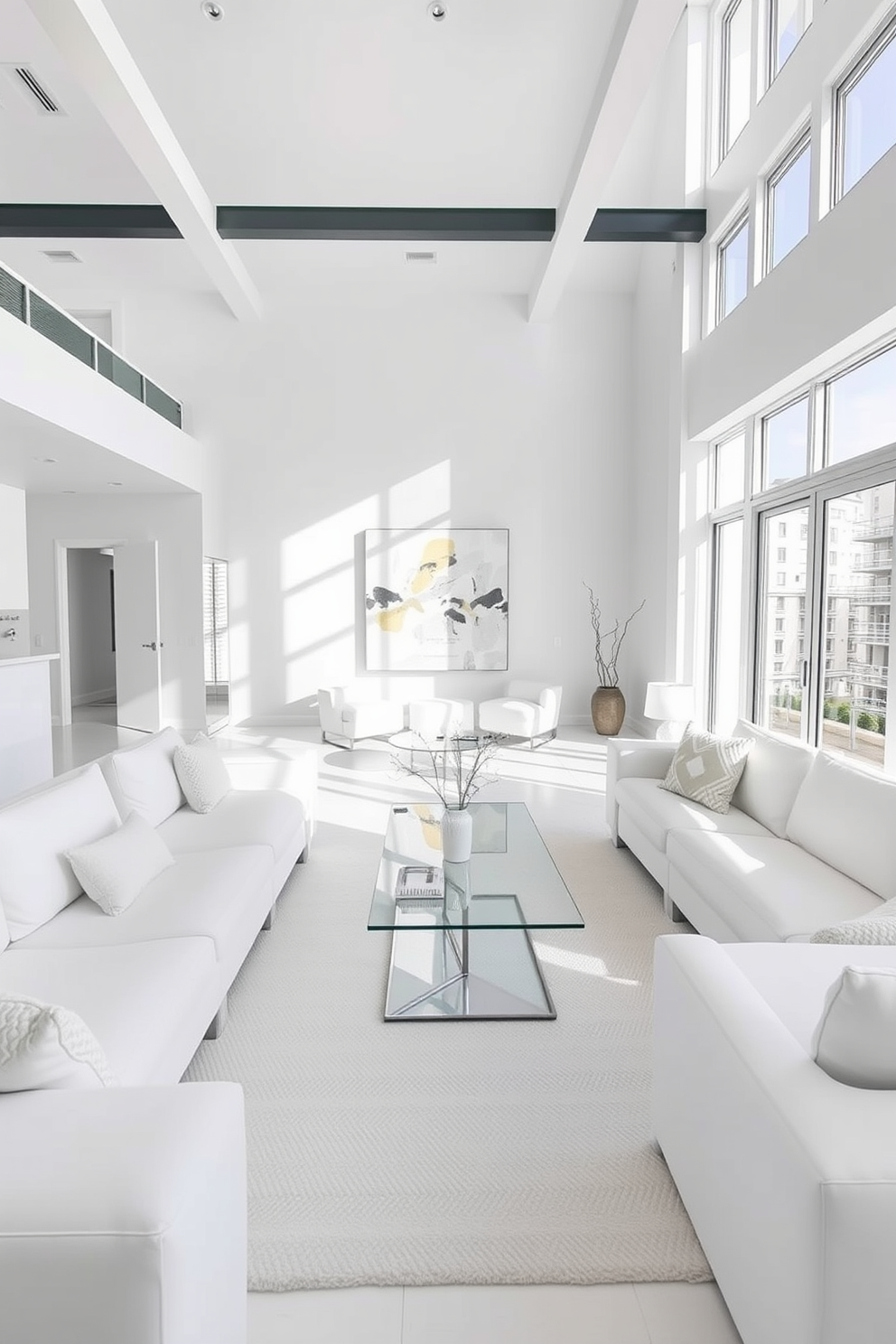 Open floor plan featuring a bright and airy white living room. The space is adorned with plush white sofas, a sleek glass coffee table, and soft textured throw pillows. Natural light floods the room through large windows, highlighting the minimalist decor. A statement piece of abstract art hangs on the wall, complementing the overall serene ambiance.