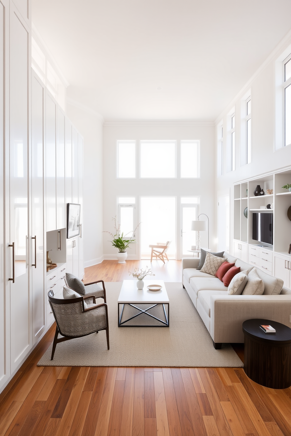 Crisp white cabinetry lines the walls of a spacious living area, providing ample storage while enhancing the room's brightness. The open layout features a large sectional sofa adorned with textured cushions, inviting relaxation and comfort. Natural light floods the space through oversized windows, highlighting the sleek lines of the cabinetry and the warm wooden flooring. A minimalist coffee table sits in the center, surrounded by stylish accent chairs that complement the overall design.