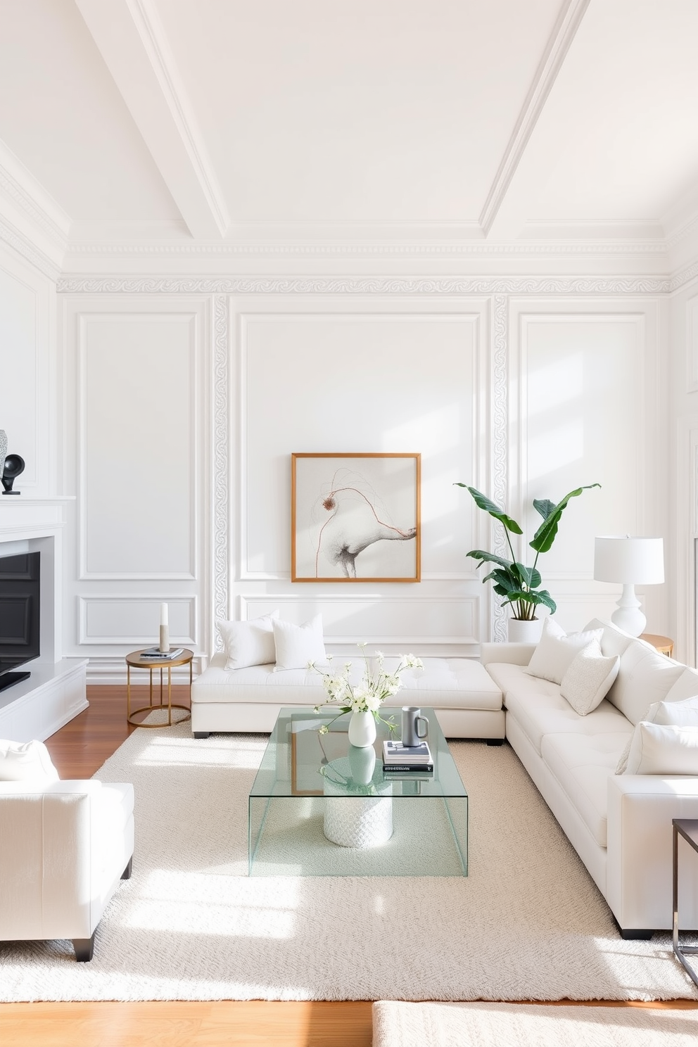 A bright and airy living room features a white accent wall adorned with intricate decorative molding. The space is filled with plush white furniture, including a large sectional sofa and a sleek coffee table, creating an inviting atmosphere.